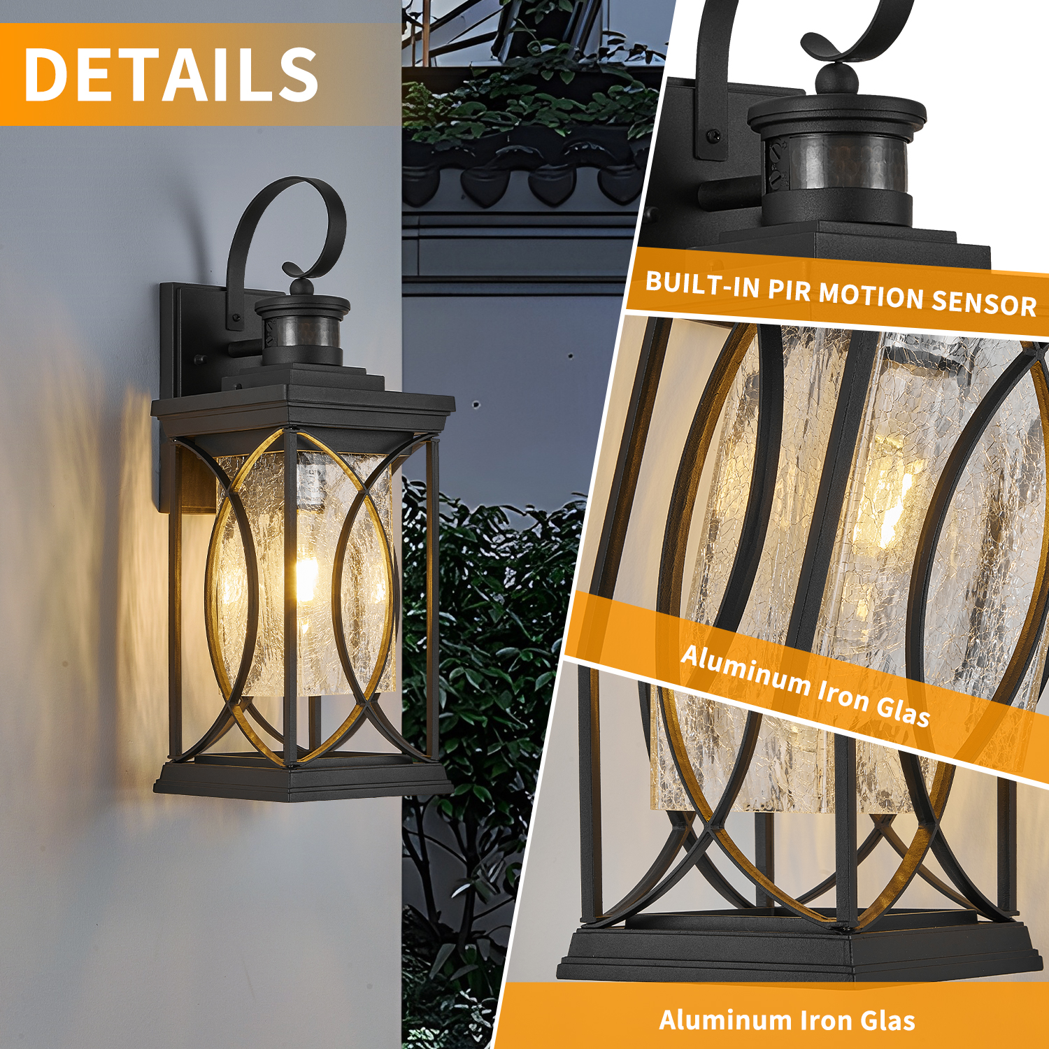 Motion Sensor Outdoor Lights Wall Mount, Dusk to Dawn Exterior Light Fixture, Anti-Rust Waterproof Outside Porch Lights with Glass & E26 Socket Wall Sconce for House Garage Patio Doorway, Black - Image 2