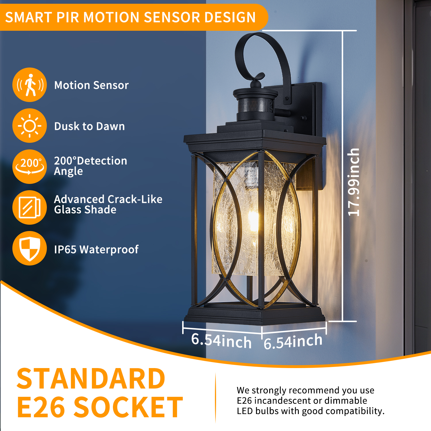 Motion Sensor Outdoor Lights Wall Mount, Dusk to Dawn Exterior Light Fixture, Anti-Rust Waterproof Outside Porch Lights with Glass & E26 Socket Wall Sconce for House Garage Patio Doorway, Black - Image 5