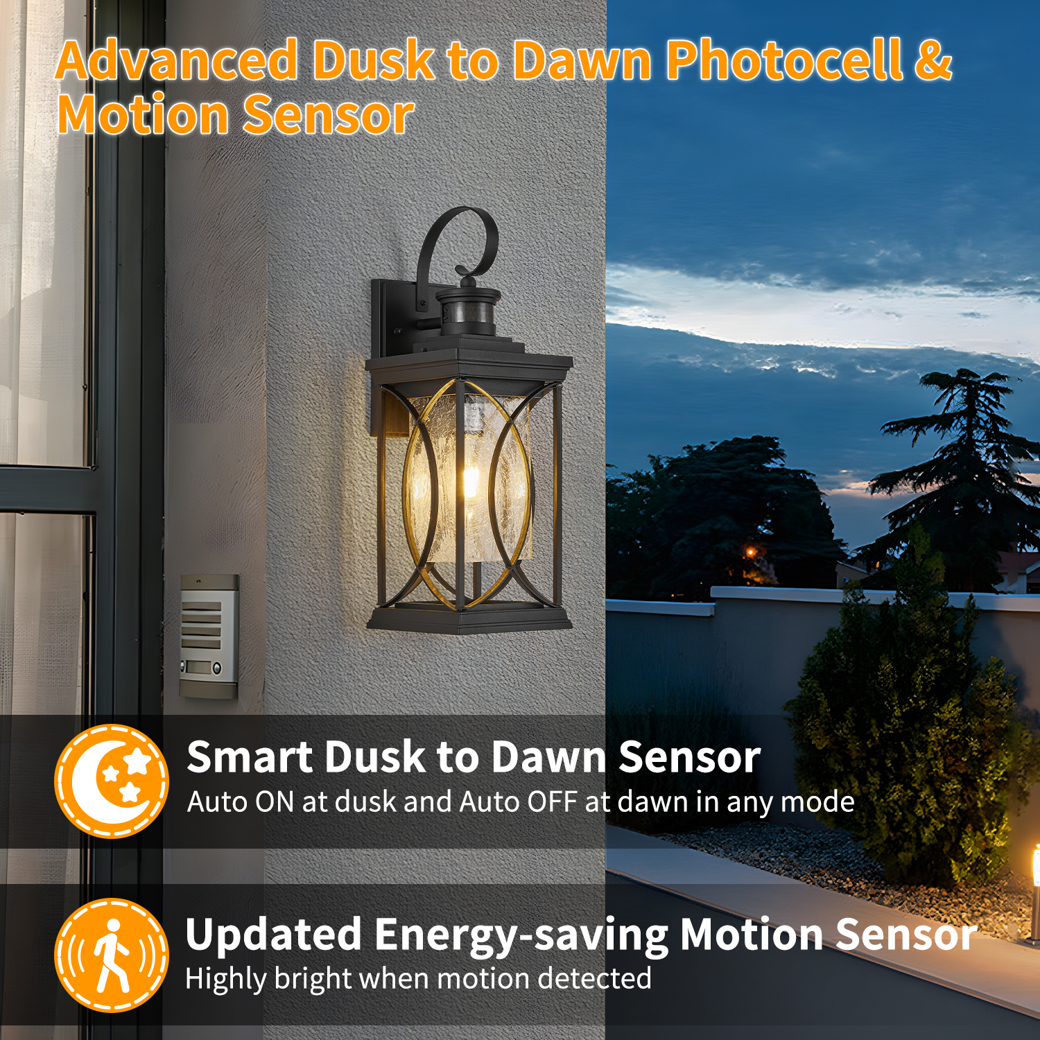 Motion Sensor Outdoor Lights Wall Mount, Dusk to Dawn Exterior Light Fixture, Anti-Rust Waterproof Outside Porch Lights with Glass & E26 Socket Wall Sconce for House Garage Patio Doorway, Black - Image 6