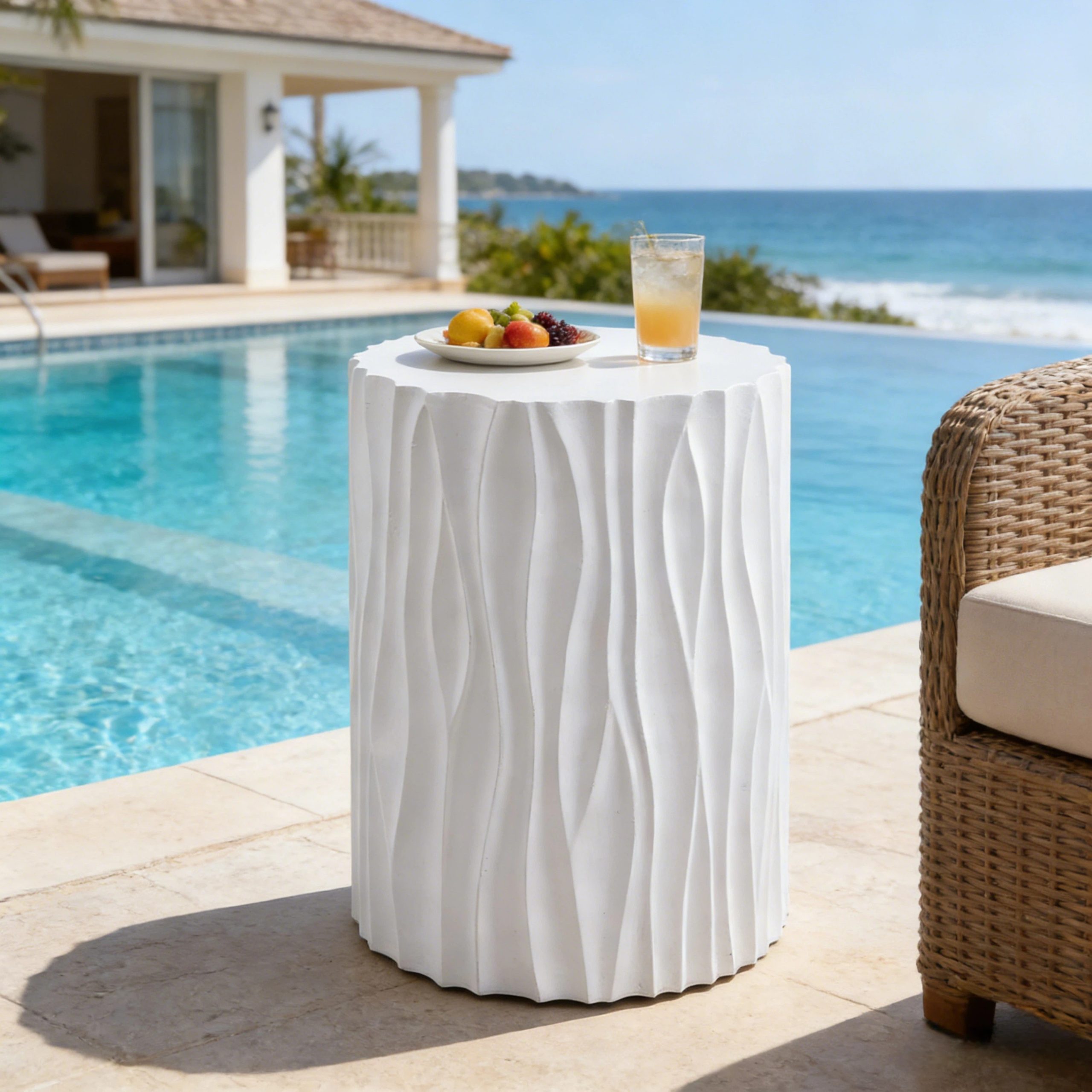 Modern White Outdoor Side Table with Wavy Fluted Design - 15.75" Round, 21.97" H, MGO Material, 66 lbs Capacity, Assembly-Free for Patio, Garden, or Balcony - Image 3