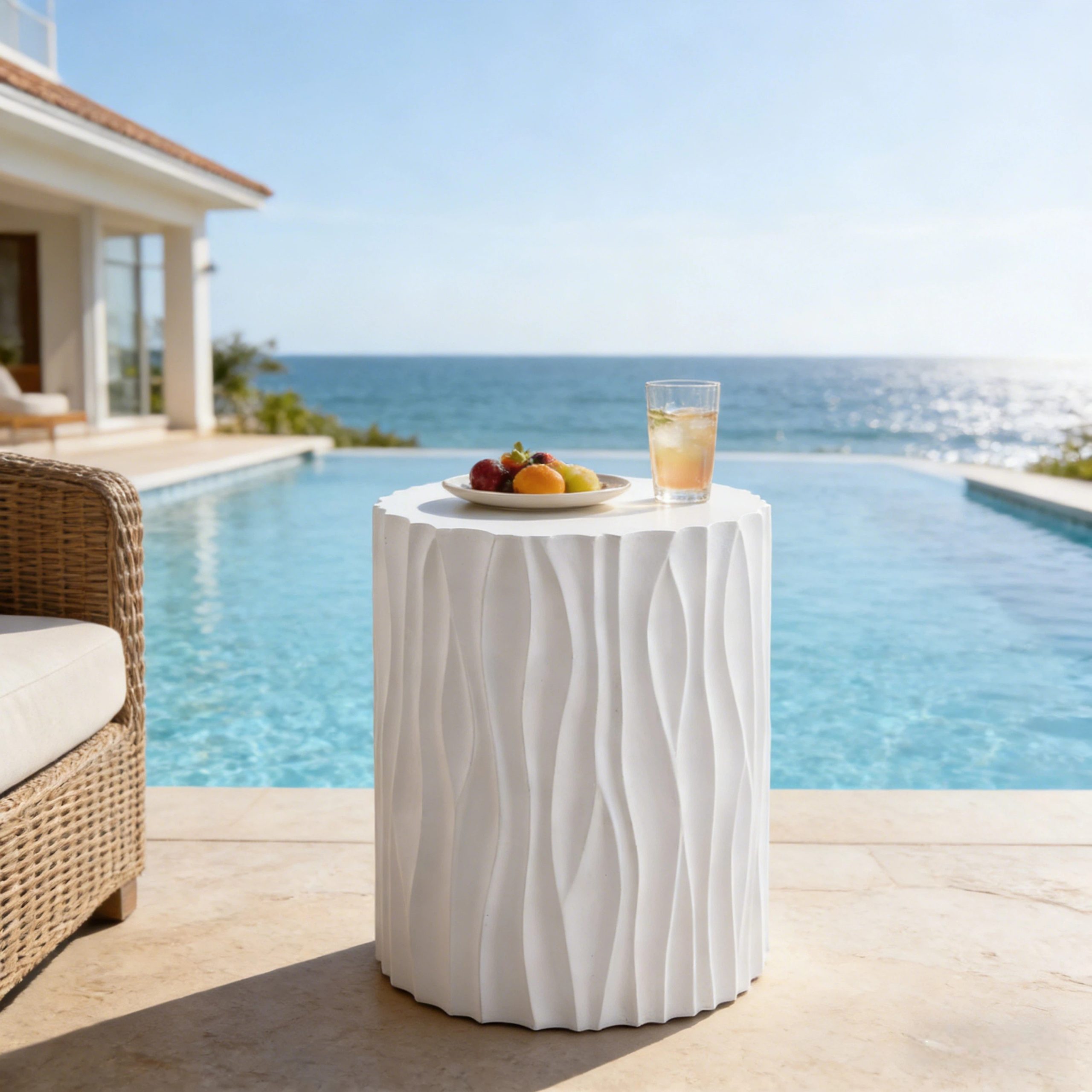 Modern White Outdoor Side Table with Wavy Fluted Design - 15.75" Round, 21.97" H, MGO Material, 66 lbs Capacity, Assembly-Free for Patio, Garden, or Balcony - Image 4
