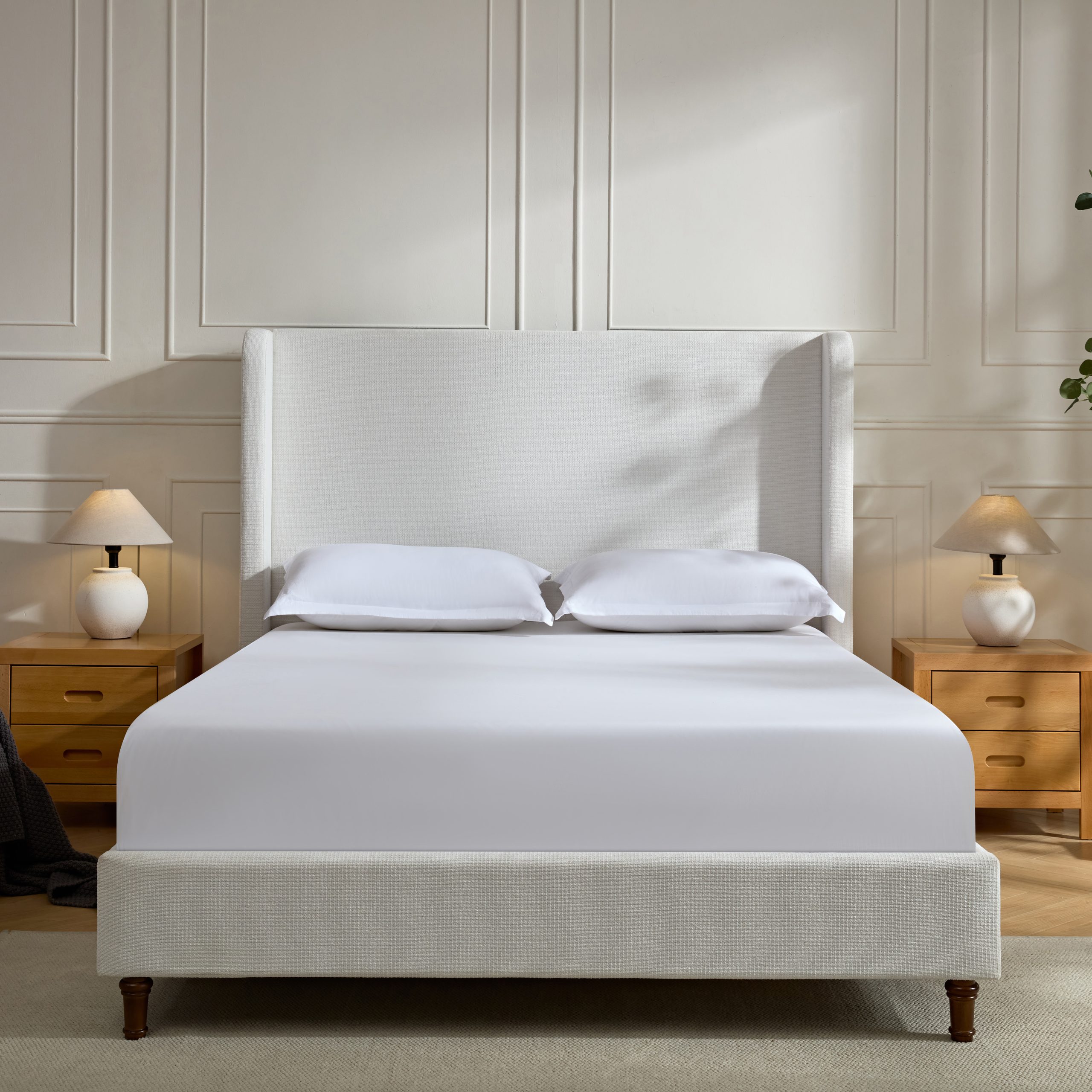 Harper Tall Headboard Upholstered Bed / 54" High Headboard / Elegant Simplicity / No Box Spring Needed / Easy Assembly / California King / Cream White Chenille - Image 1