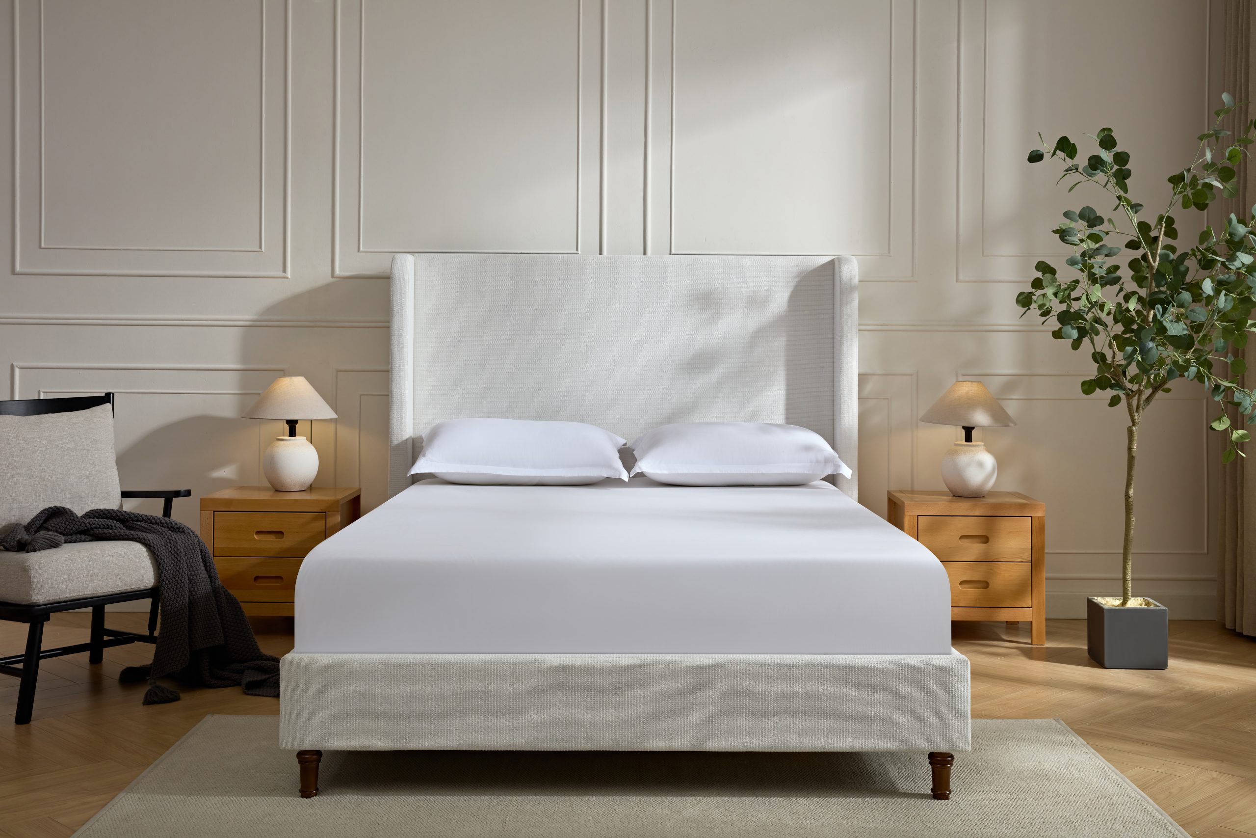 Harper Tall Headboard Upholstered Bed / 54" High Headboard / Elegant Simplicity / No Box Spring Needed / Easy Assembly / California King / Cream White Chenille - Image 3