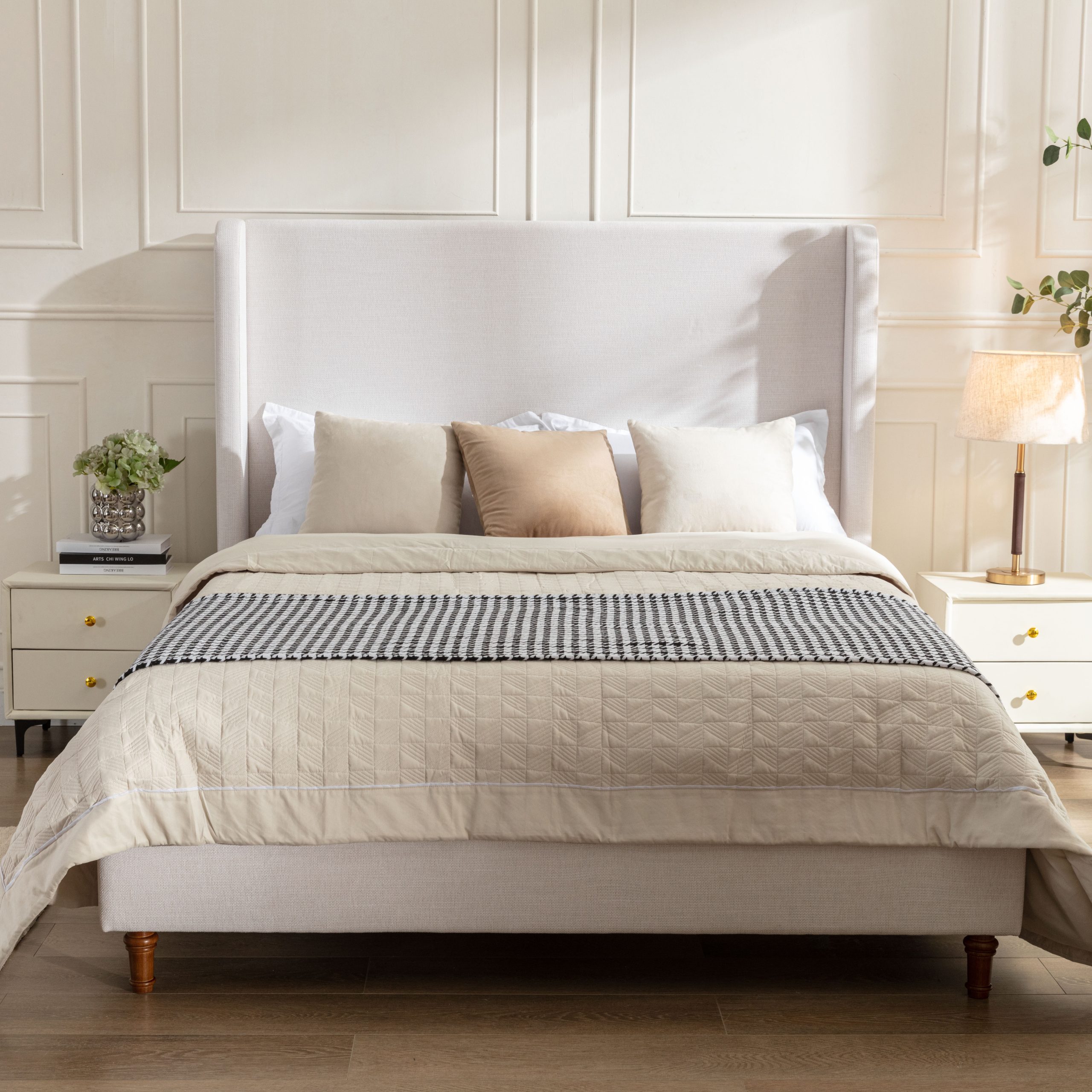 Hayden Upholstered Wingback Bed Size King / Tall 54" Headboard Upholstered King Bed / Without Wooden Slats / Box Spring Required / King / Textured Ivory Canvas / Elegant Simplicity / Easy Assembly - Image 3