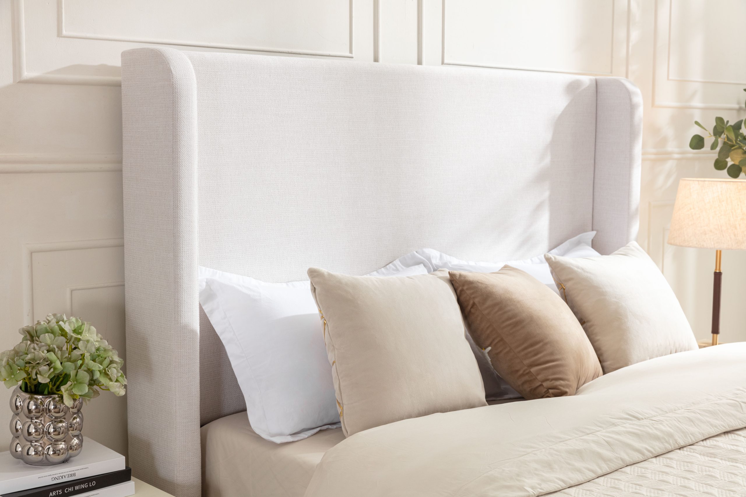 Hayden Upholstered Wingback Bed Size King / Tall 54" Headboard Upholstered King Bed / Without Wooden Slats / Box Spring Required / King / Textured Ivory Canvas / Elegant Simplicity / Easy Assembly - Image 6