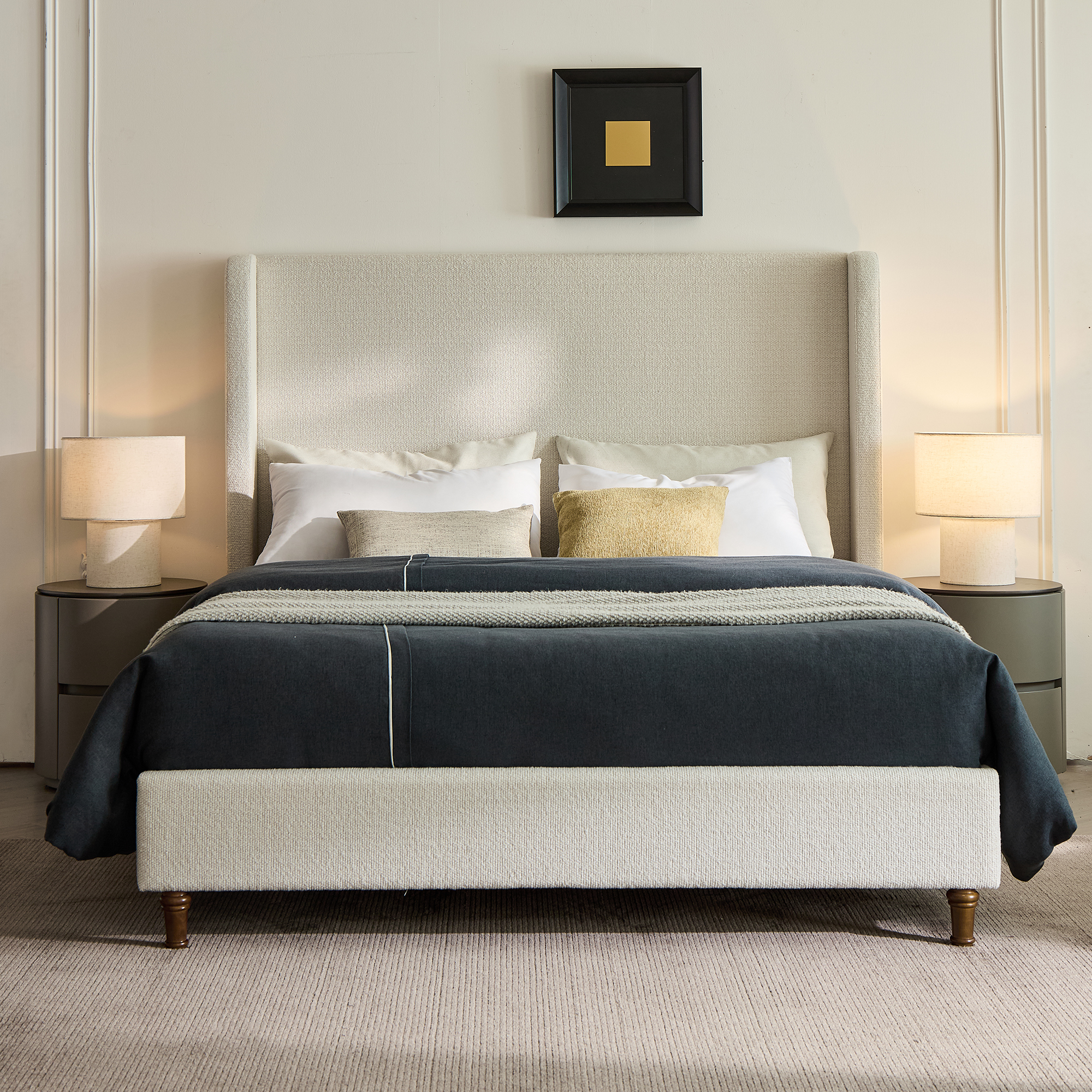 Harper Tall Headboard Upholstered Bed / 54" High Headboard / Elegant Simplicity / No Box Spring Needed / Easy Assembly / Queen / Cream White Boucle - Image 1