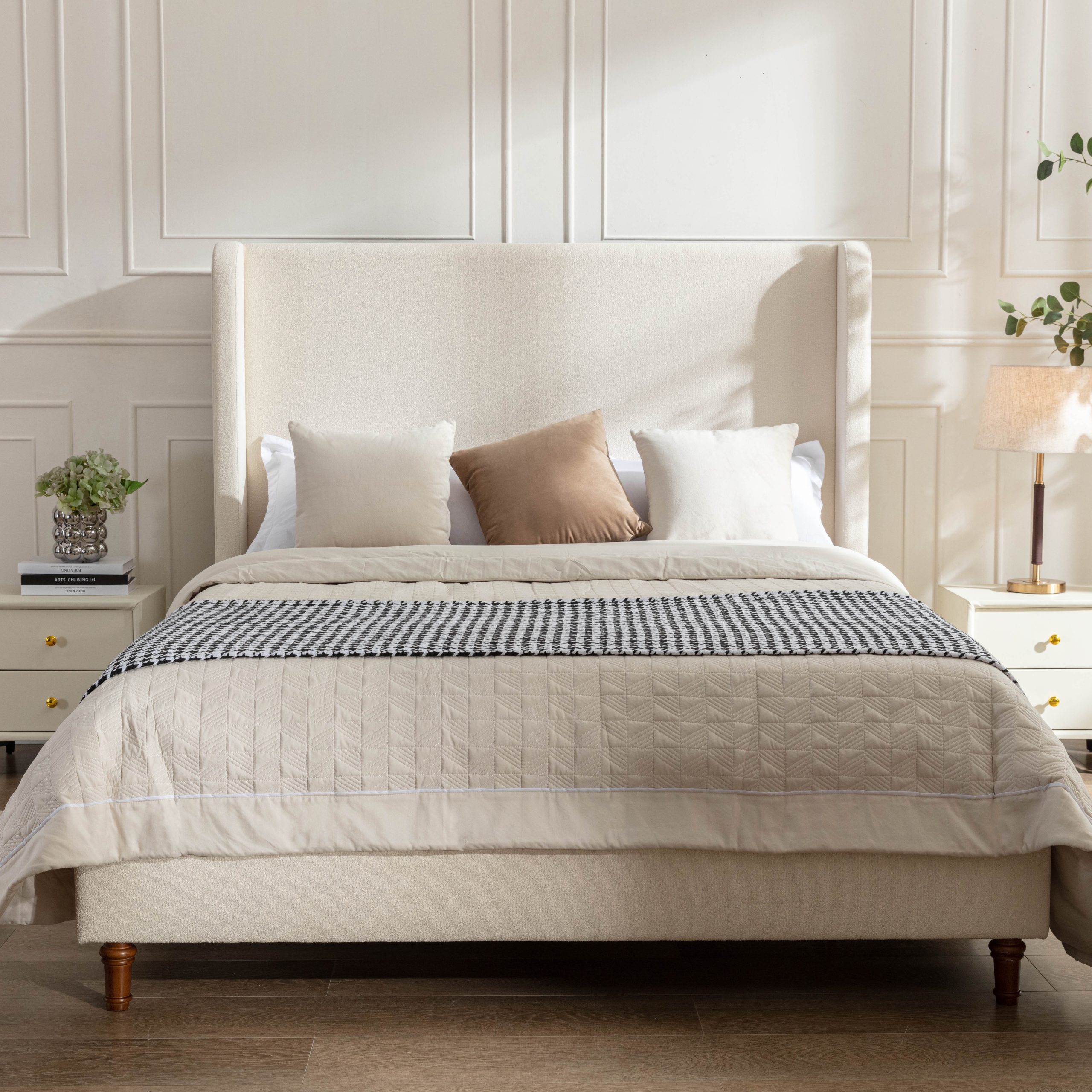 Harper Tall Headboard Upholstered Bed / 54″ High Headboard / Elegant Simplicity / No Box Spring Needed / Easy Assembly / California King / Ivory Boucle