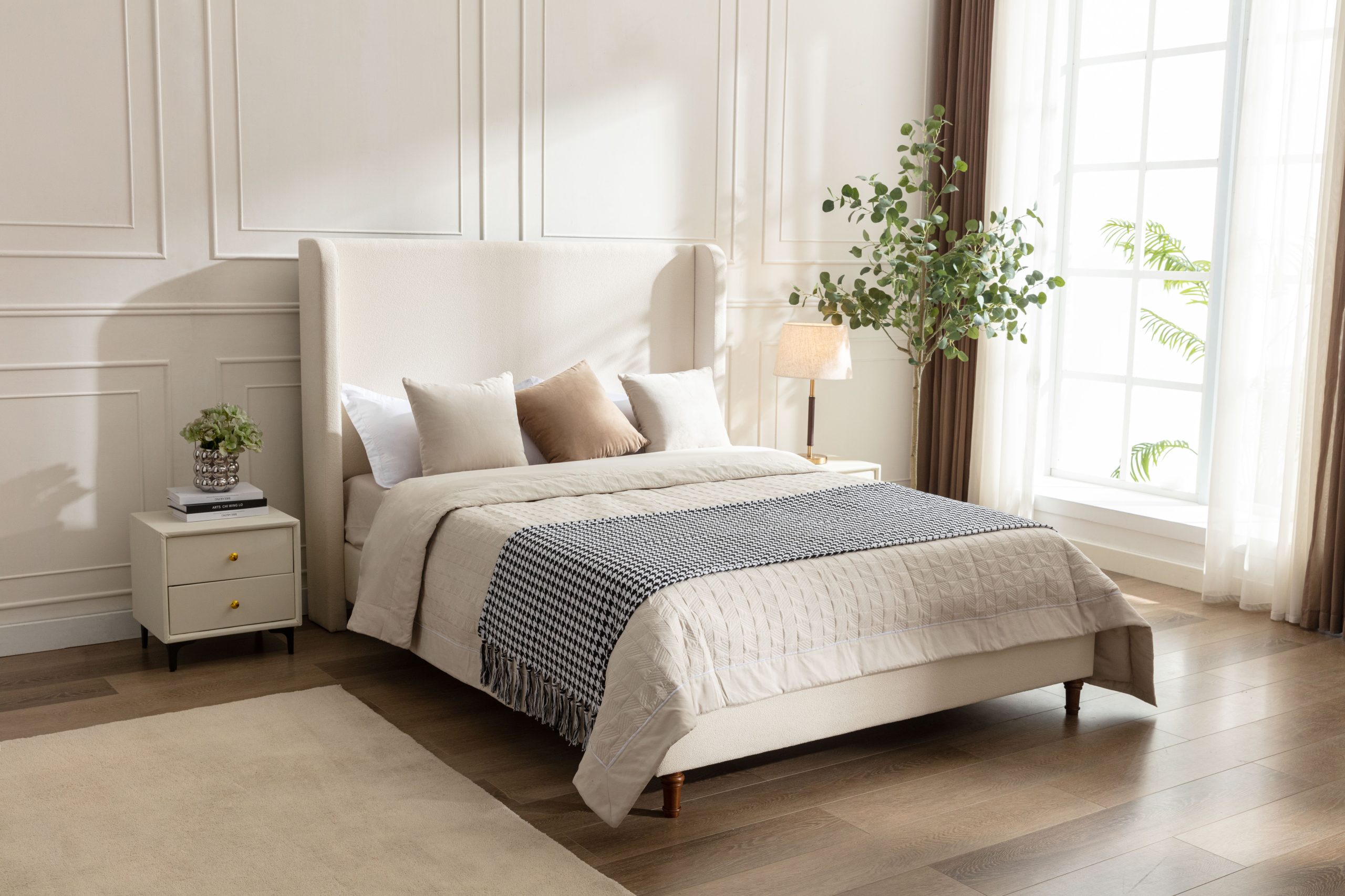 Harper Tall Headboard Upholstered Bed / 54" High Headboard / Elegant Simplicity / No Box Spring Needed / Easy Assembly / California King / Ivory Boucle - Image 3