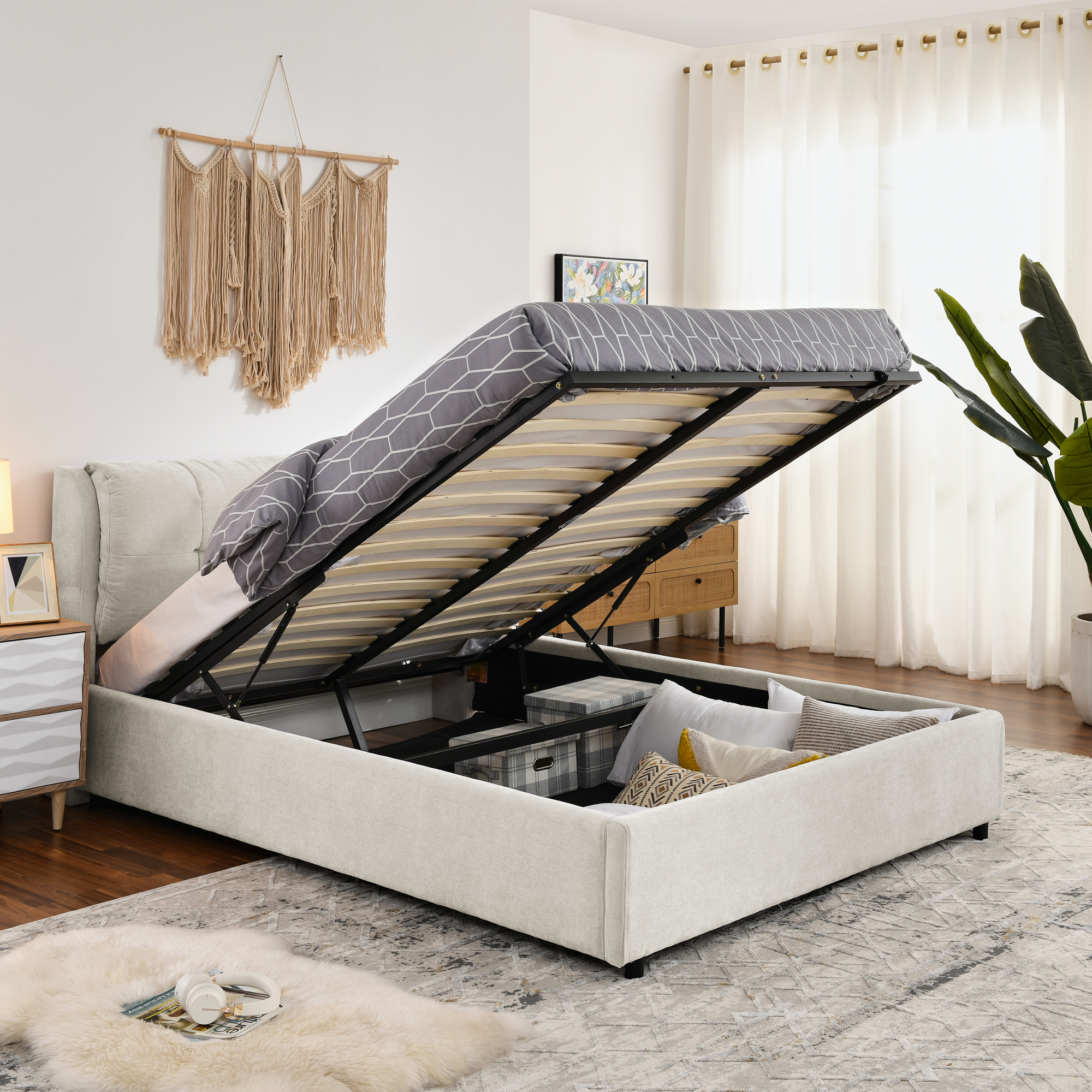 Queen Size Storage Upholstered Hydraulic Platform Bed with Integrated Headboard, Chenille Fabric, Beige - Image 3