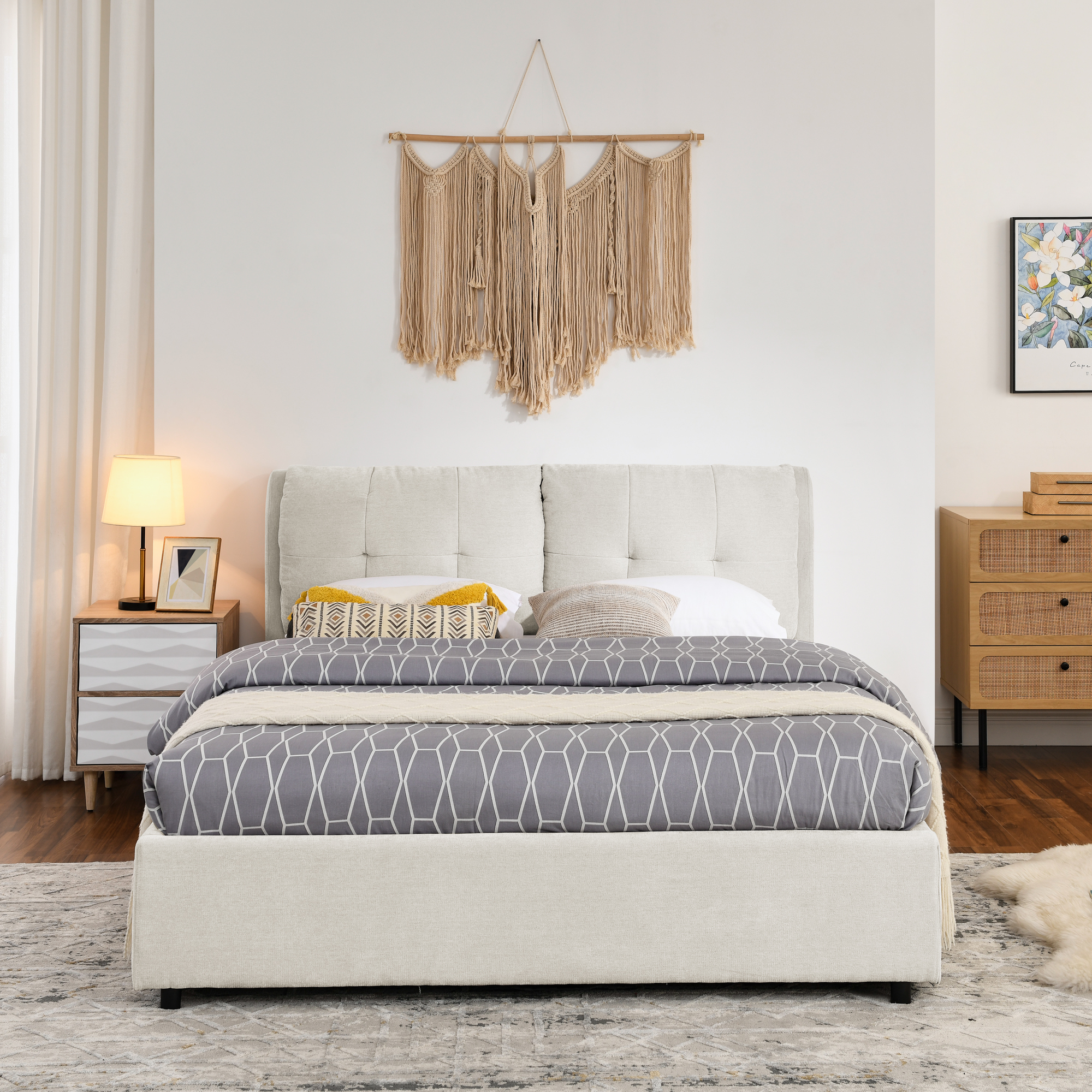 Queen Size Storage Upholstered Hydraulic Platform Bed with Integrated Headboard, Chenille Fabric, Beige - Image 4