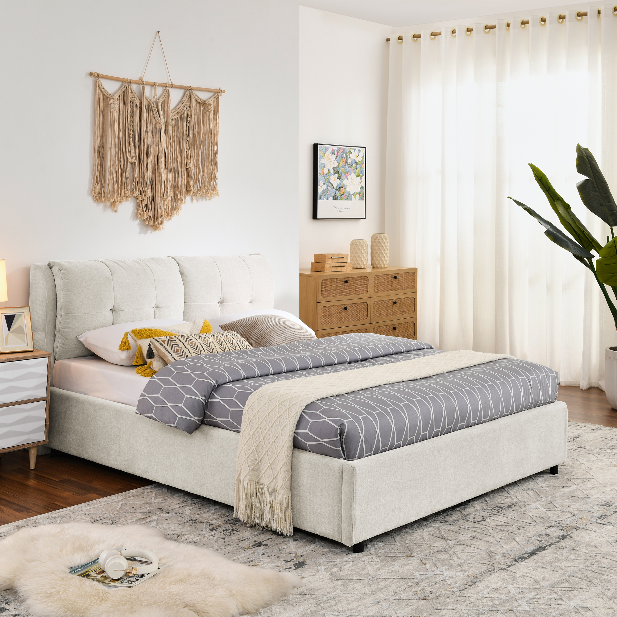 Queen Size Storage Upholstered Hydraulic Platform Bed with Integrated Headboard, Chenille Fabric, Beige - Image 5