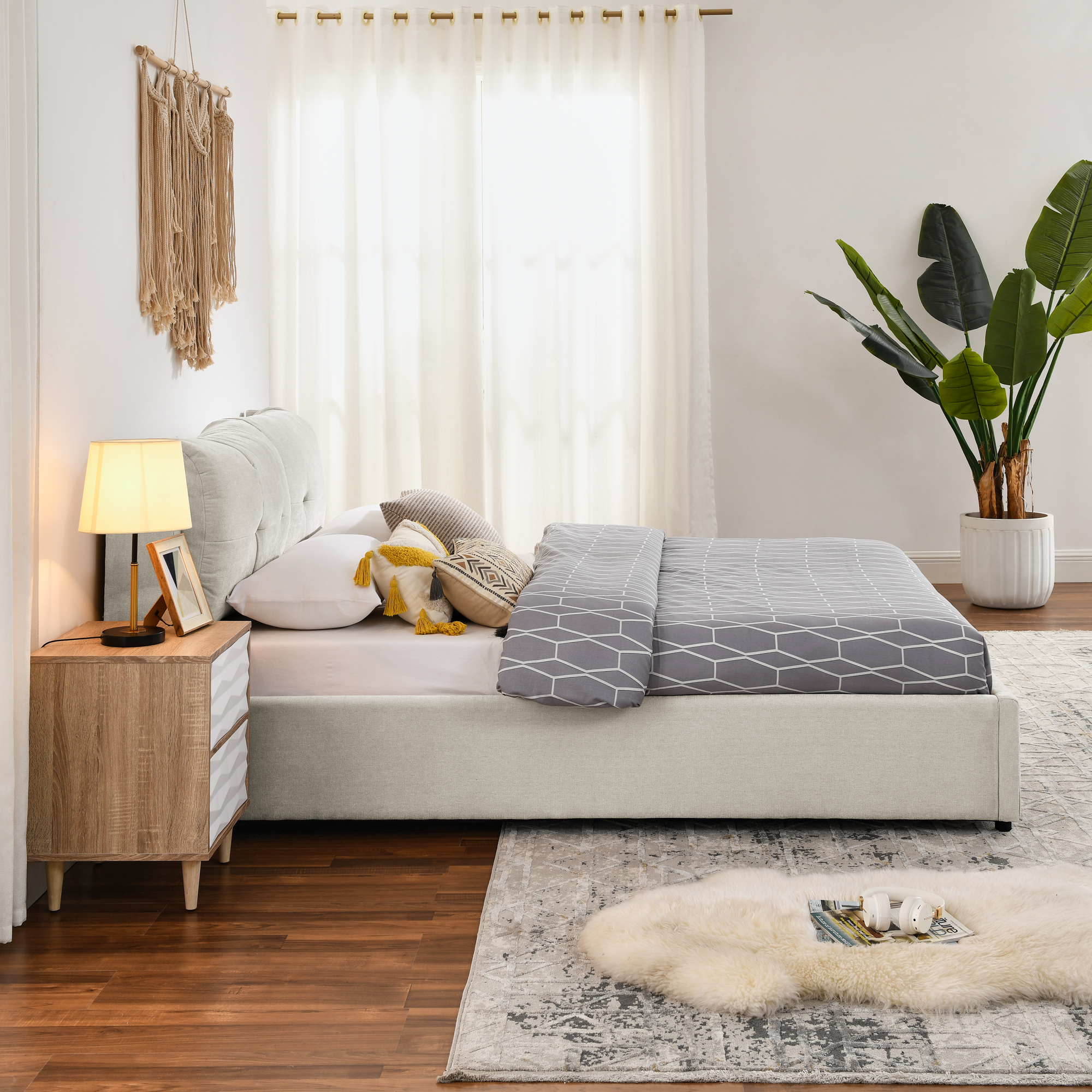 Queen Size Storage Upholstered Hydraulic Platform Bed with Integrated Headboard, Chenille Fabric, Beige - Image 6