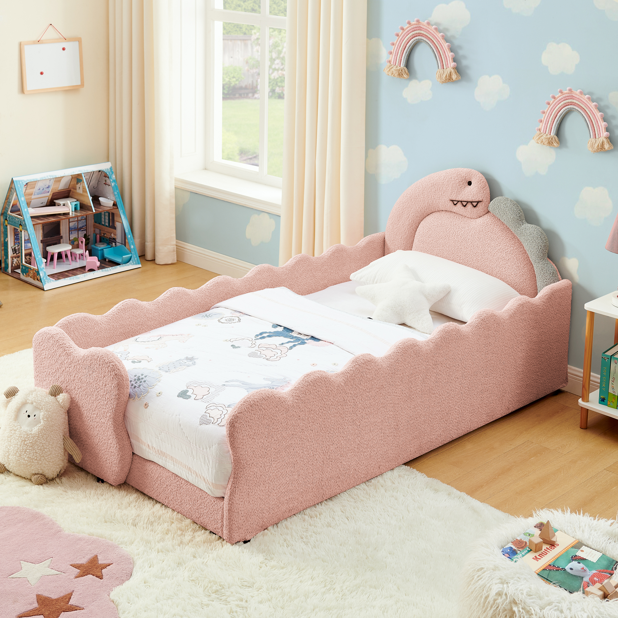 Twin Size Cute Dinosaur-Shaped Kids Bed with Safety Guardraild, Solid Wood Toddler Bed Frame for Children for Bedroom, Boucle Fabric - Image 2