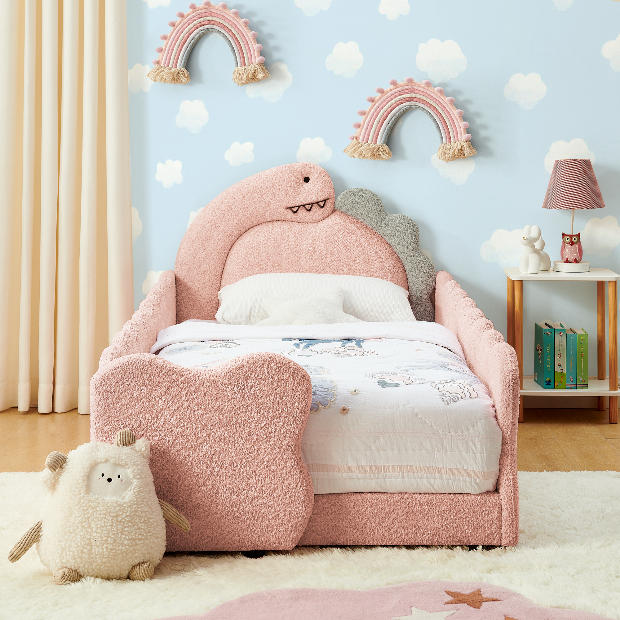 Twin Size Cute Dinosaur-Shaped Kids Bed with Safety Guardraild, Solid Wood Toddler Bed Frame for Children for Bedroom, Boucle Fabric - Image 1