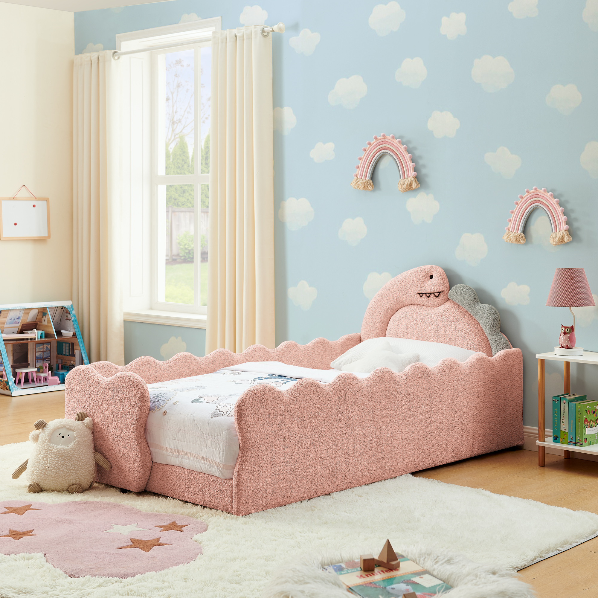 Twin Size Cute Dinosaur-Shaped Kids Bed with Safety Guardraild, Solid Wood Toddler Bed Frame for Children for Bedroom, Boucle Fabric - Image 3