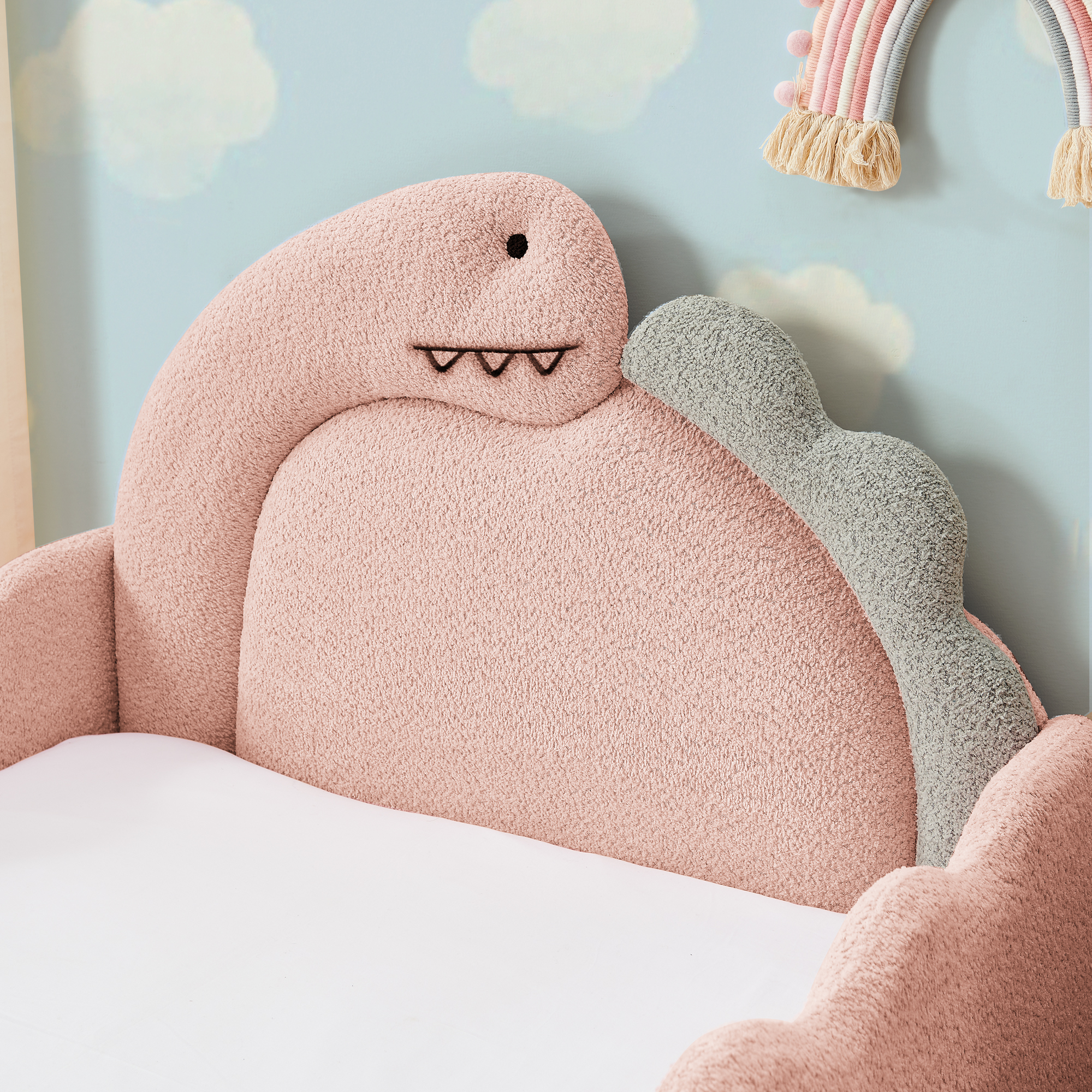 Twin Size Cute Dinosaur-Shaped Kids Bed with Safety Guardraild, Solid Wood Toddler Bed Frame for Children for Bedroom, Boucle Fabric - Image 4
