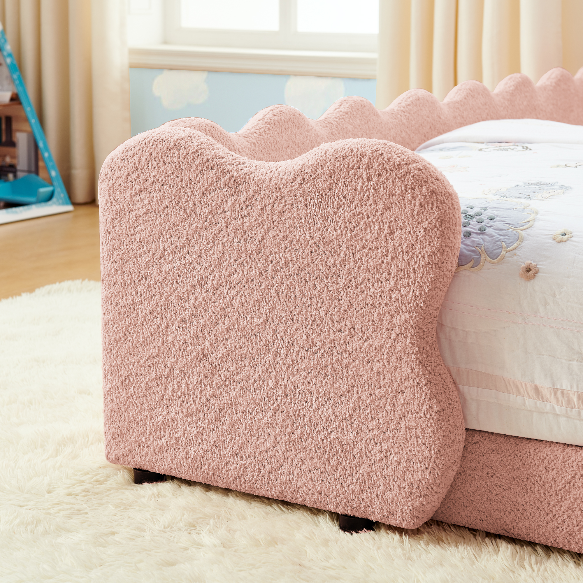 Twin Size Cute Dinosaur-Shaped Kids Bed with Safety Guardraild, Solid Wood Toddler Bed Frame for Children for Bedroom, Boucle Fabric - Image 6
