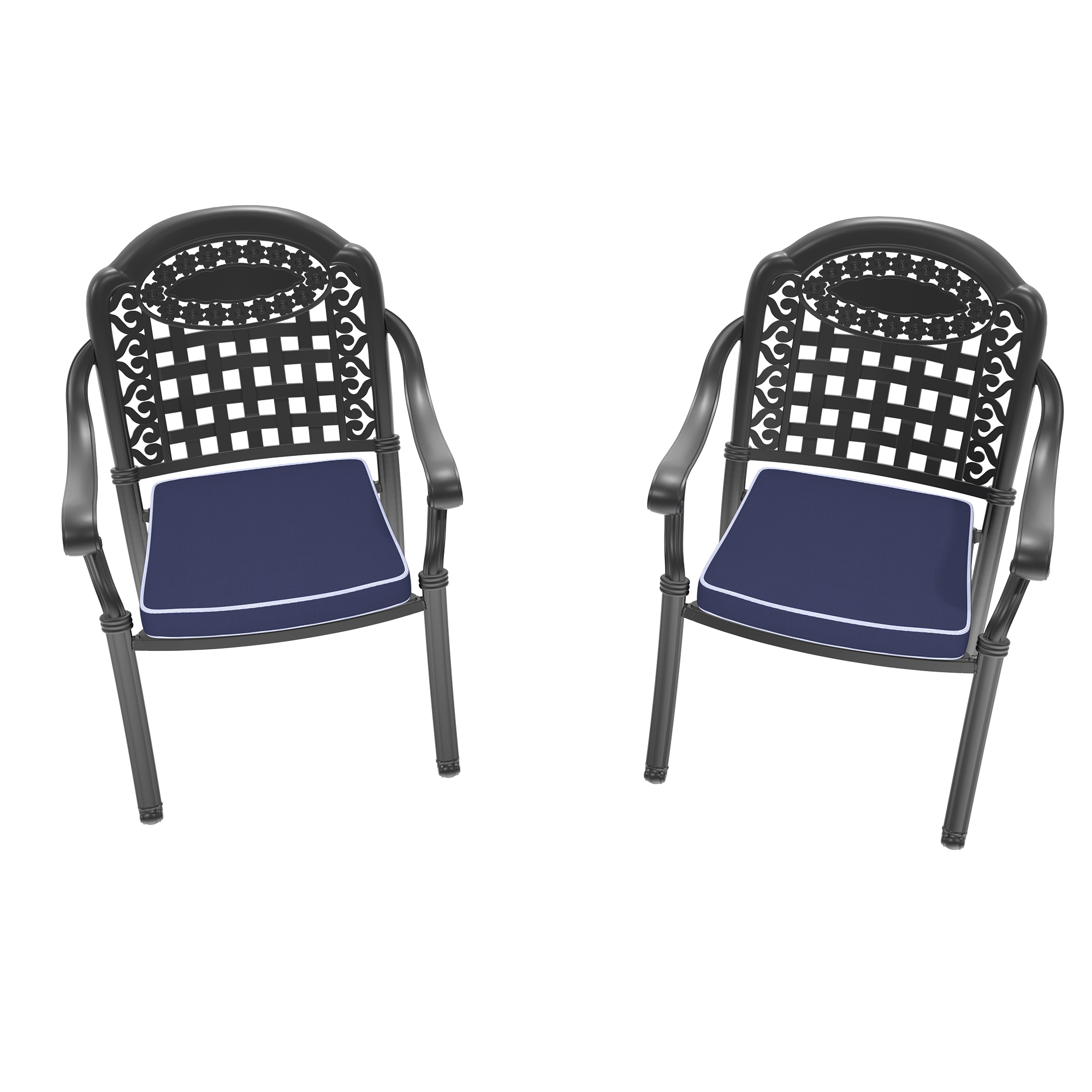 Cast Aluminum Patio Dining Chair 2PCS With Black Frame and Blue Cushions (same sku: W171091759) - Image 2
