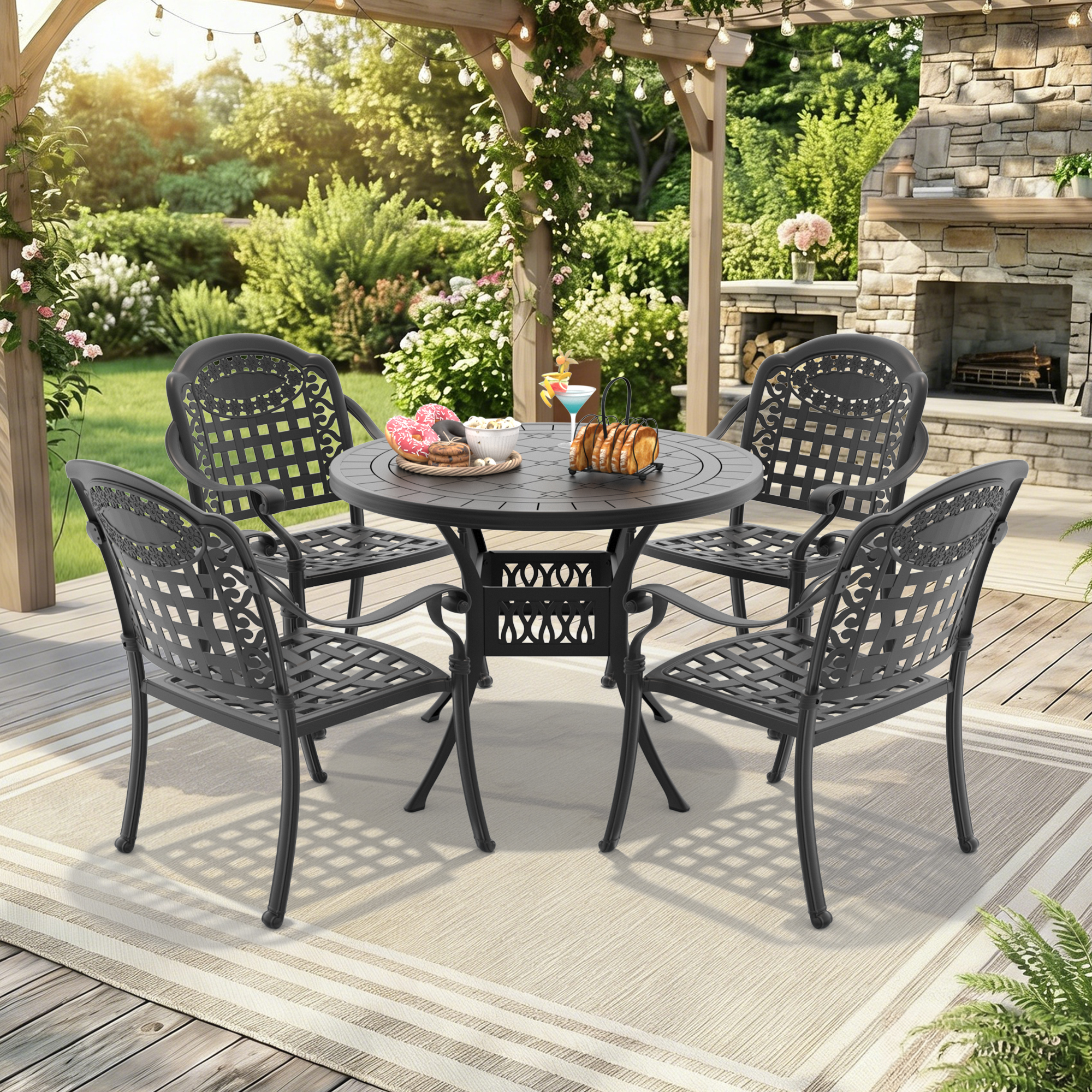 5-Piece Set Of Cast Aluminum Patio Furniture With Black Frame and Blue Seat Cushions(same sku:W1710S00070,W1710S00004) - Image 2