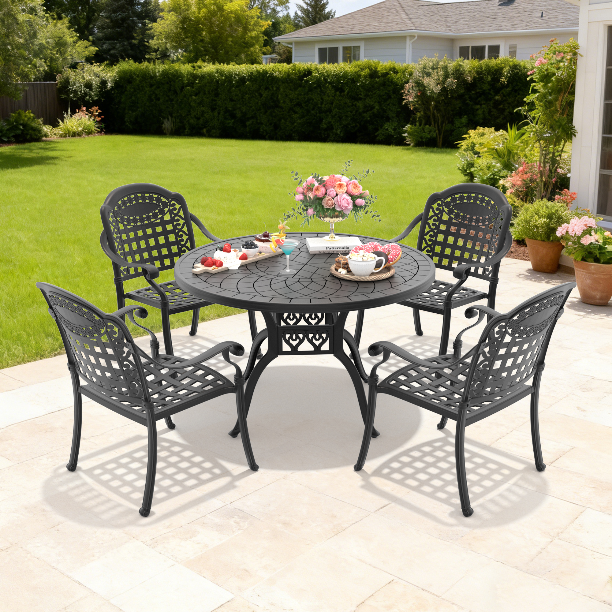 5-Piece Set Of Cast Aluminum Patio Furniture With Black Frame and Blue Seat Cushions(same sku:W1710S00075,W1710S00041) - Image 2