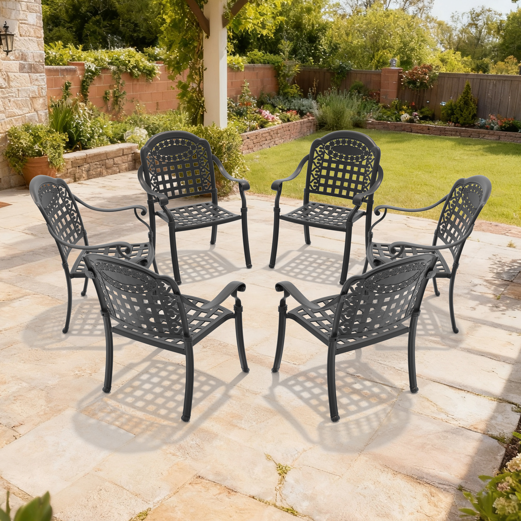 Cast Aluminum Patio Dining Chair 6PCS With Black Frame and Blue Cushions (same as: W1710S00481,W1710P166057,W171091761) - Image 2