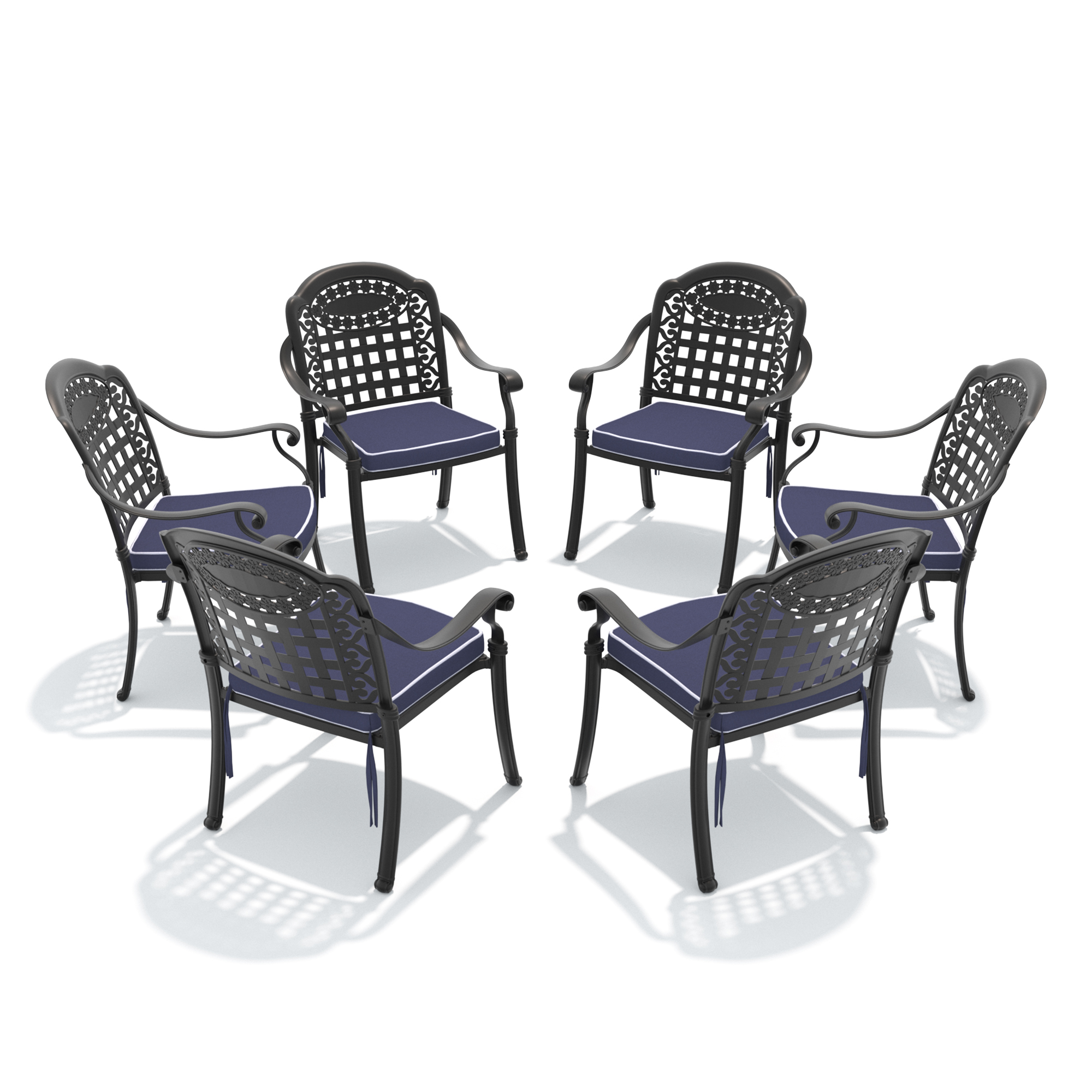 Cast Aluminum Patio Dining Chair 6PCS With Black Frame and Blue Cushions (same as: W1710S00481,W1710P166057,W171091761) - Image 3
