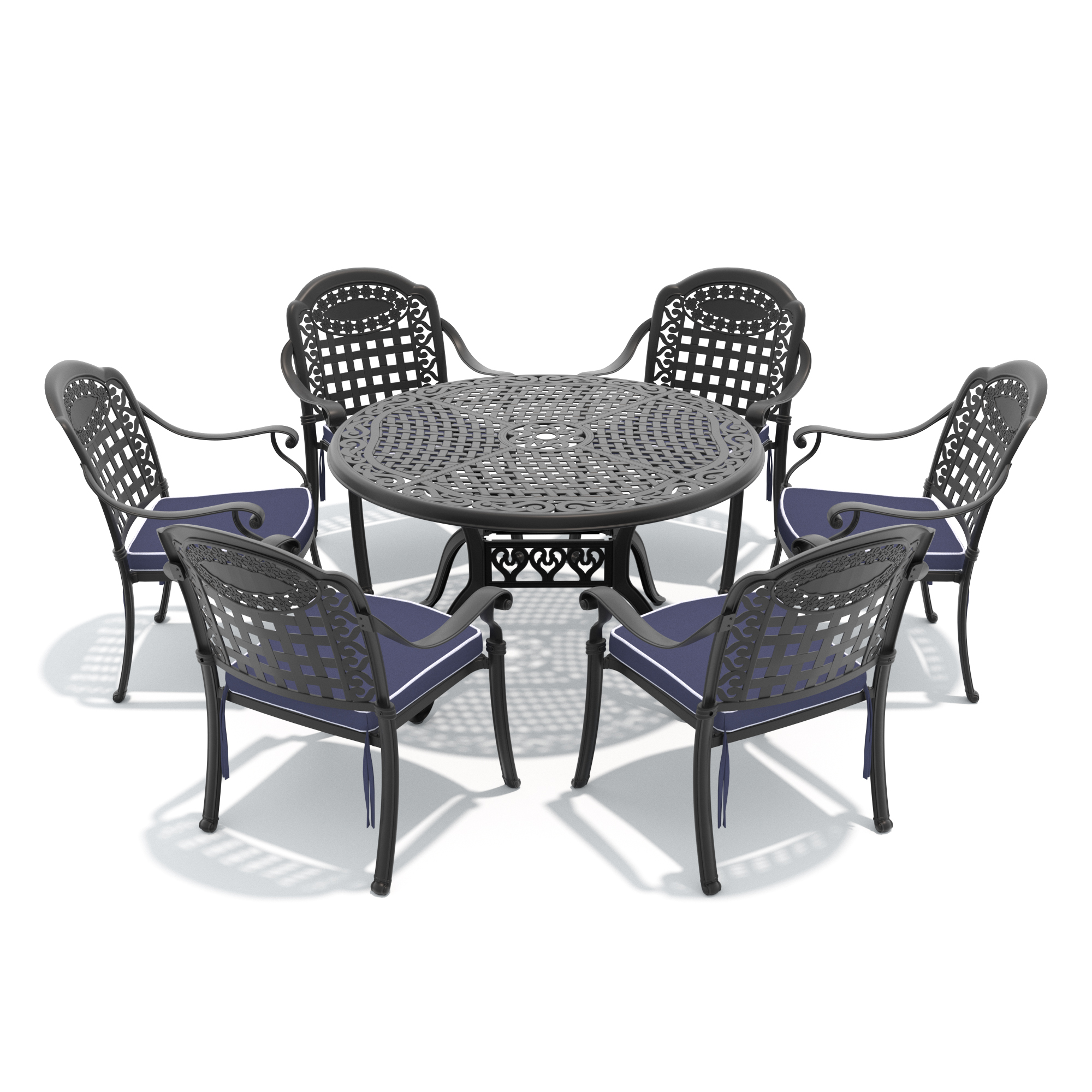 7-Piece Set Of Cast Aluminum Patio Furniture With Blue Cushions - Image 3