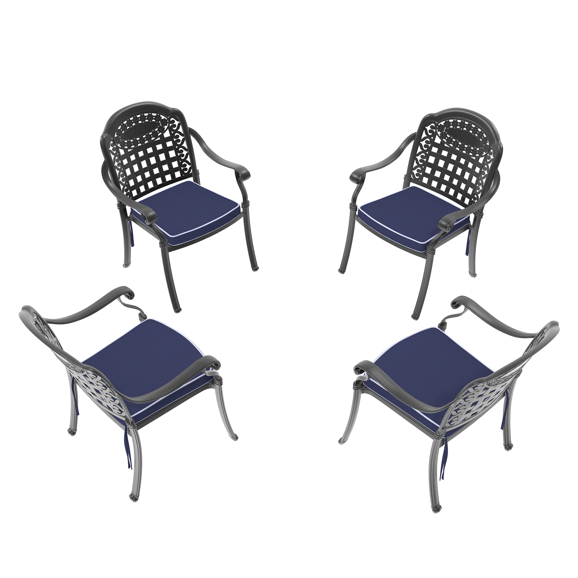 Cast Aluminum Patio Dining Chair 4PCS With Black Frame and Blue Cushions(same as W1710S00510) - Image 2