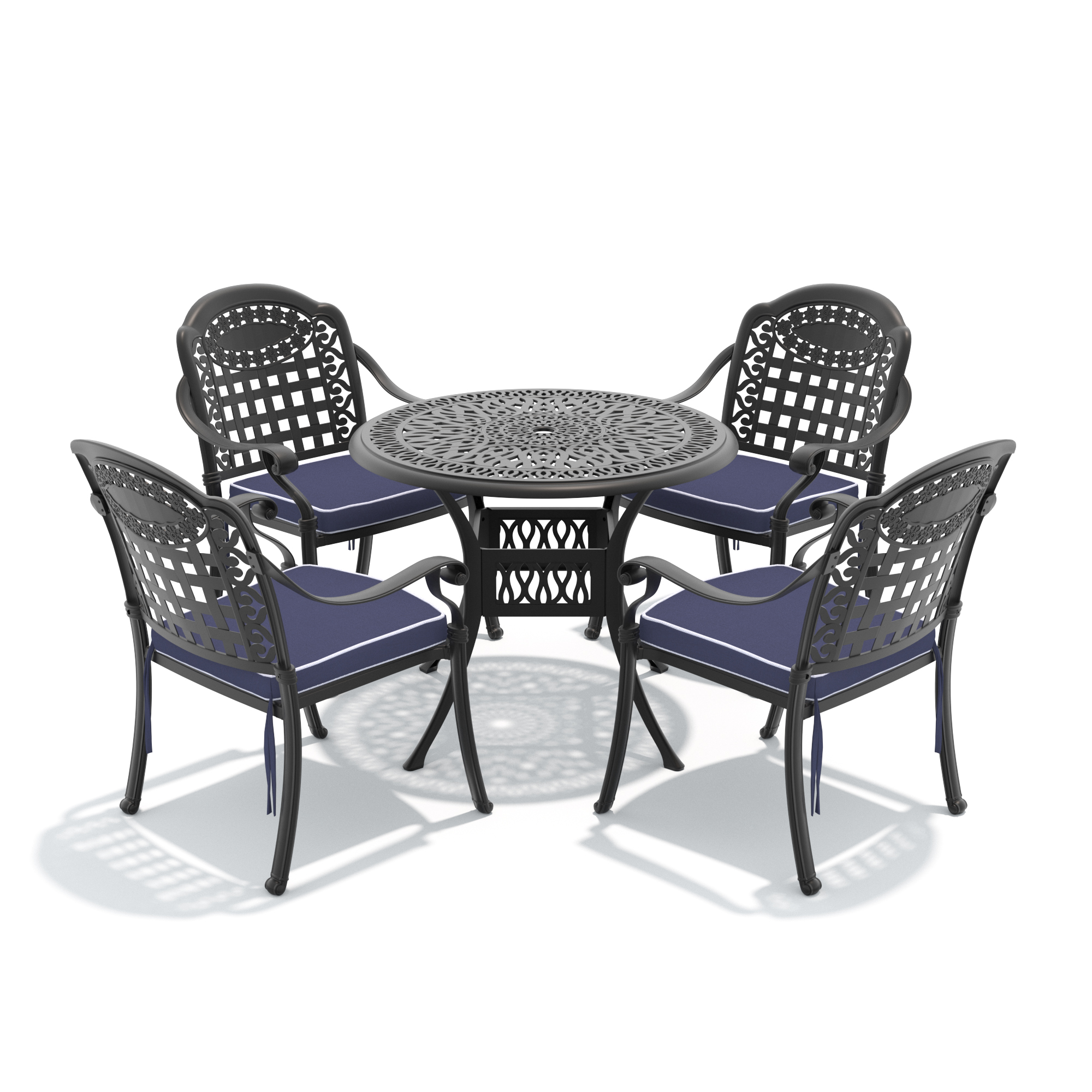 5-Piece Set Of Cast Aluminum Patio Furniture With Black Frame and Blue Seat Cushions - Image 2