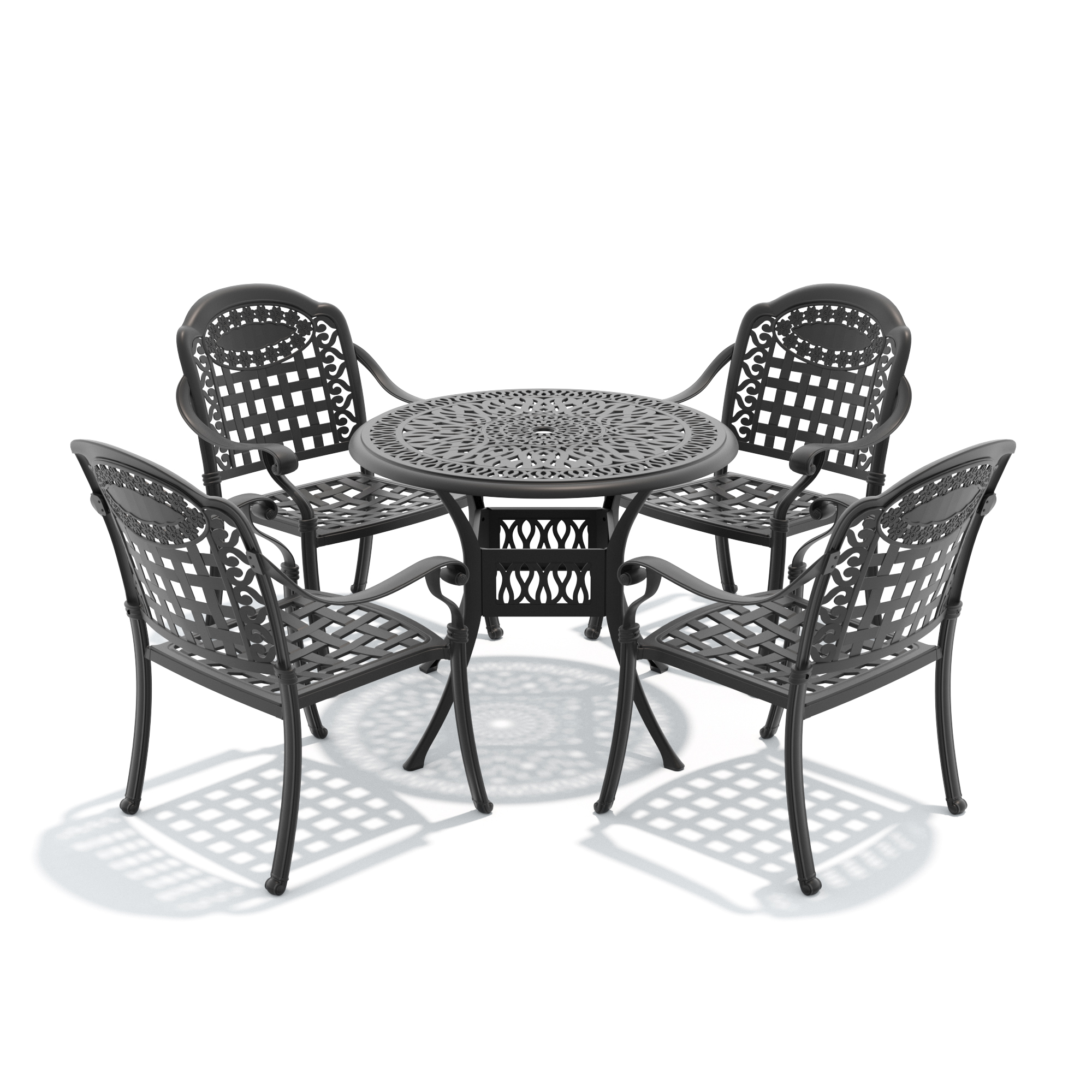 5-Piece Set Of Cast Aluminum Patio Furniture With Black Frame and Blue Seat Cushions - Image 3