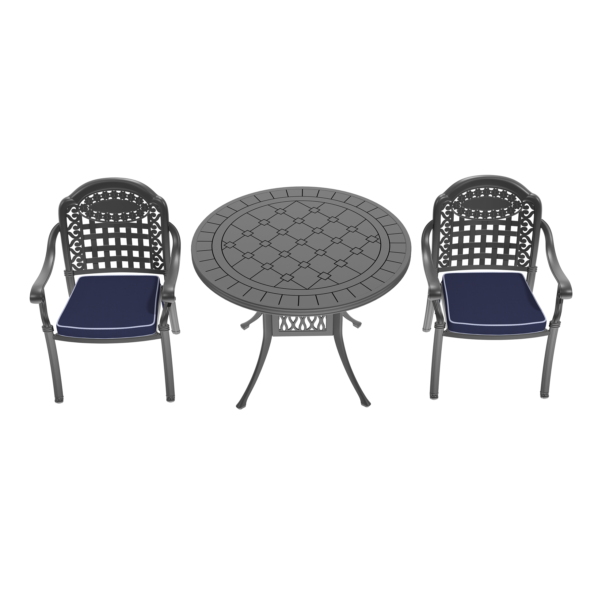 3-Piece Set Of Cast Aluminum Patio Furniture With Blue Cushions - Image 2