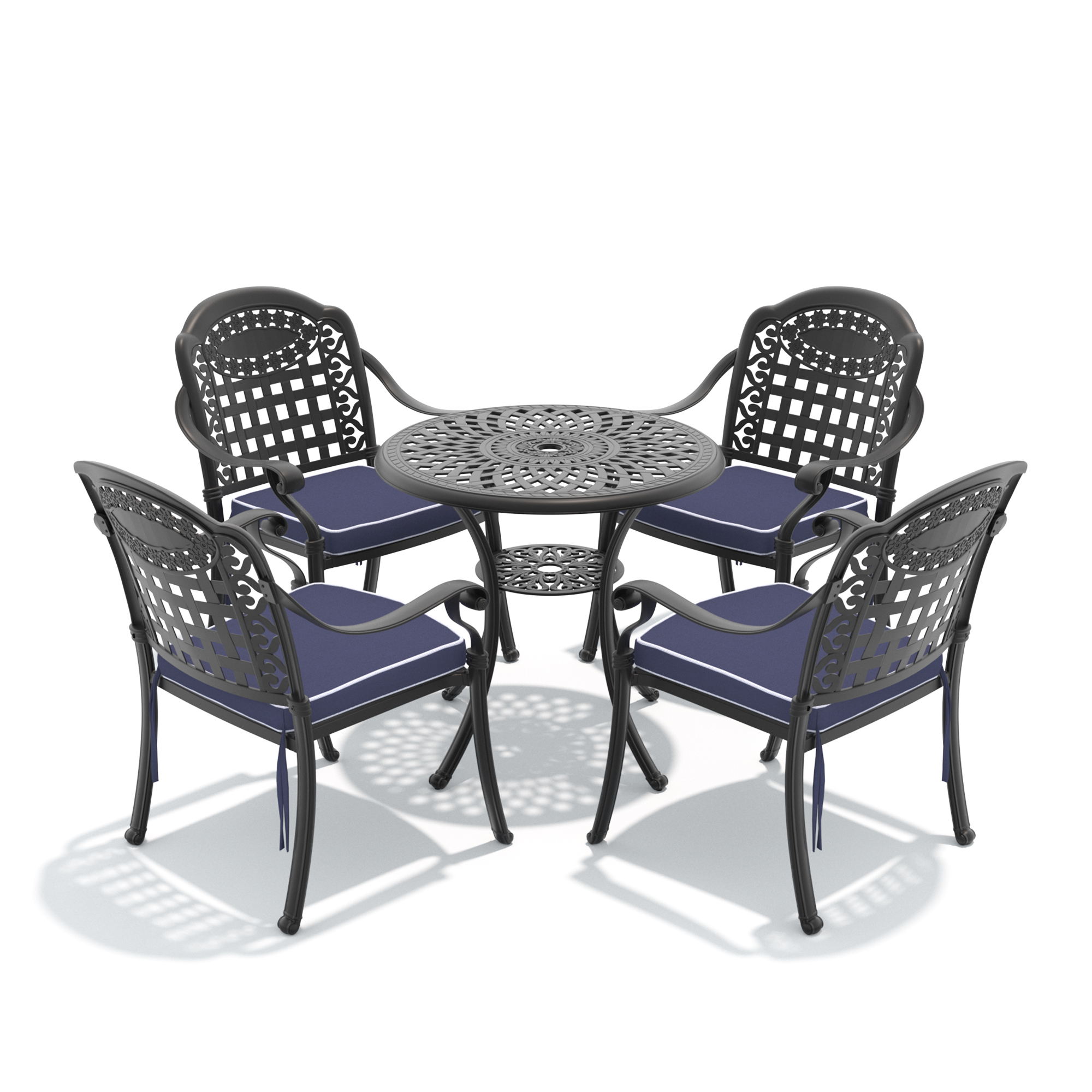 5-Piece Set Of Cast Aluminum Patio Furniture With Black Frame and Blue Seat Cushions - Image 2