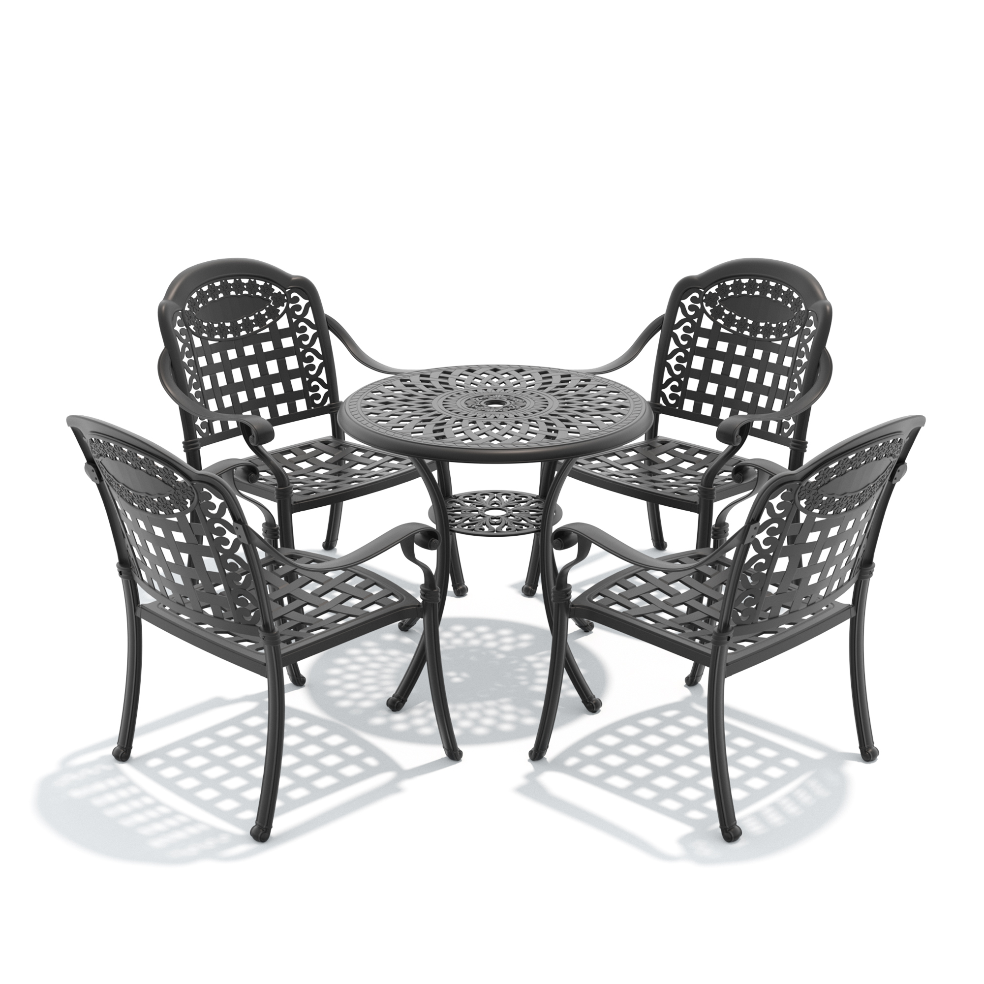 5-Piece Set Of Cast Aluminum Patio Furniture With Black Frame and Blue Seat Cushions - Image 3
