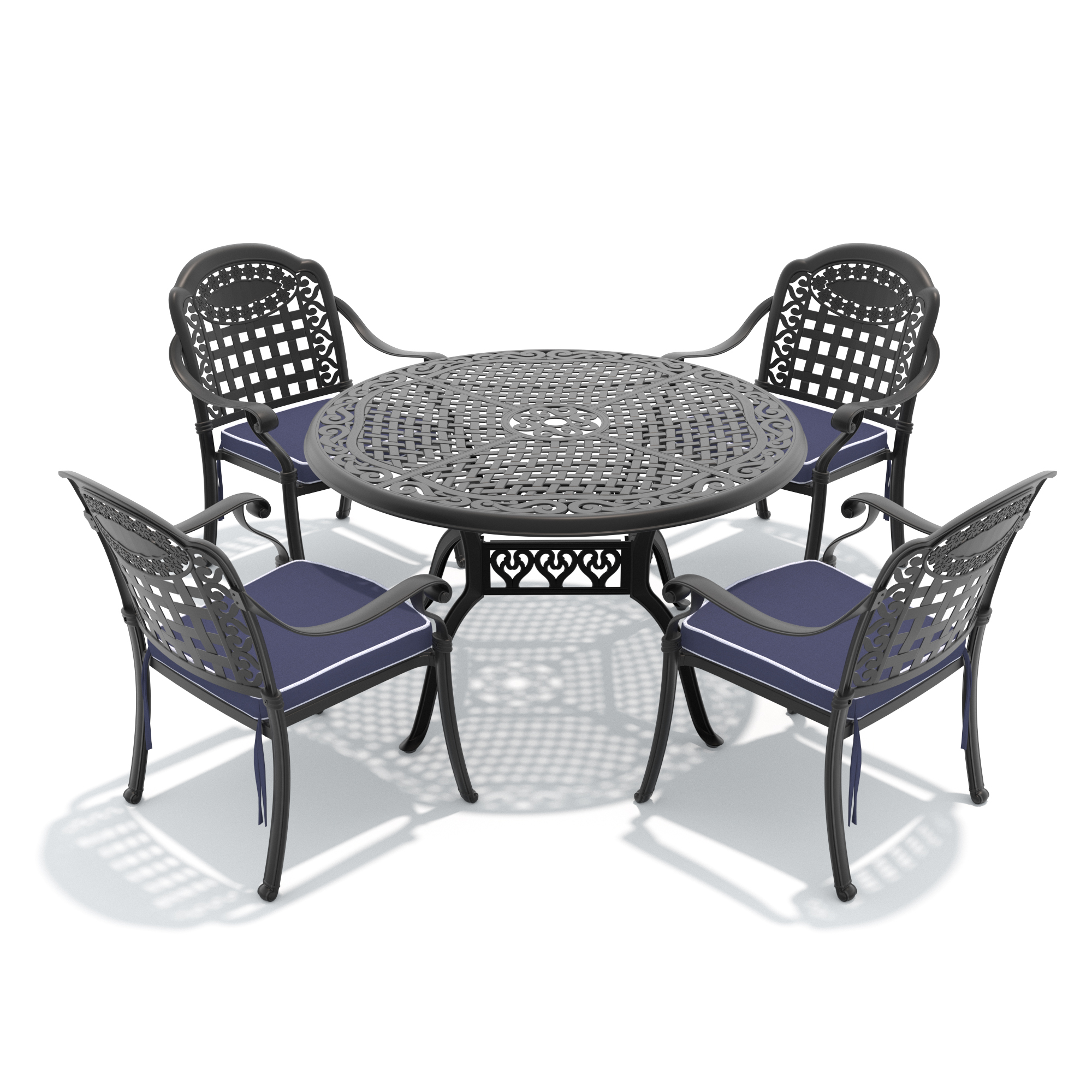 5-Piece Set Of Cast Aluminum Patio Furniture With Black Frame and Blue Seat Cushions - Image 2