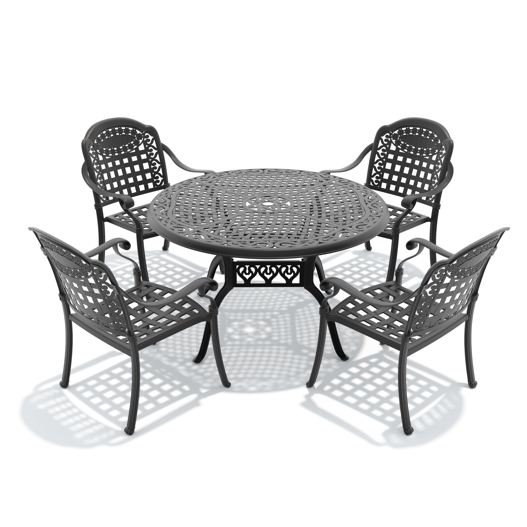 5-Piece Set Of Cast Aluminum Patio Furniture With Black Frame and Blue Seat Cushions - Image 3