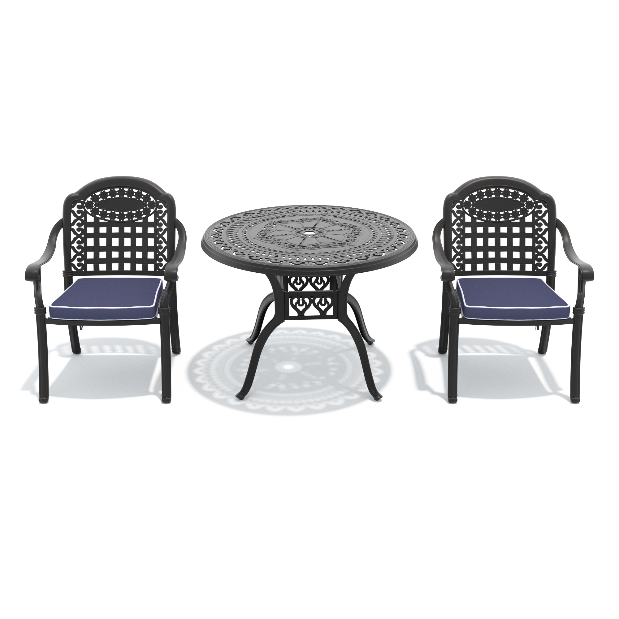 3-Piece Set Of Cast Aluminum Patio Furniture With Blue Cushions - Image 2