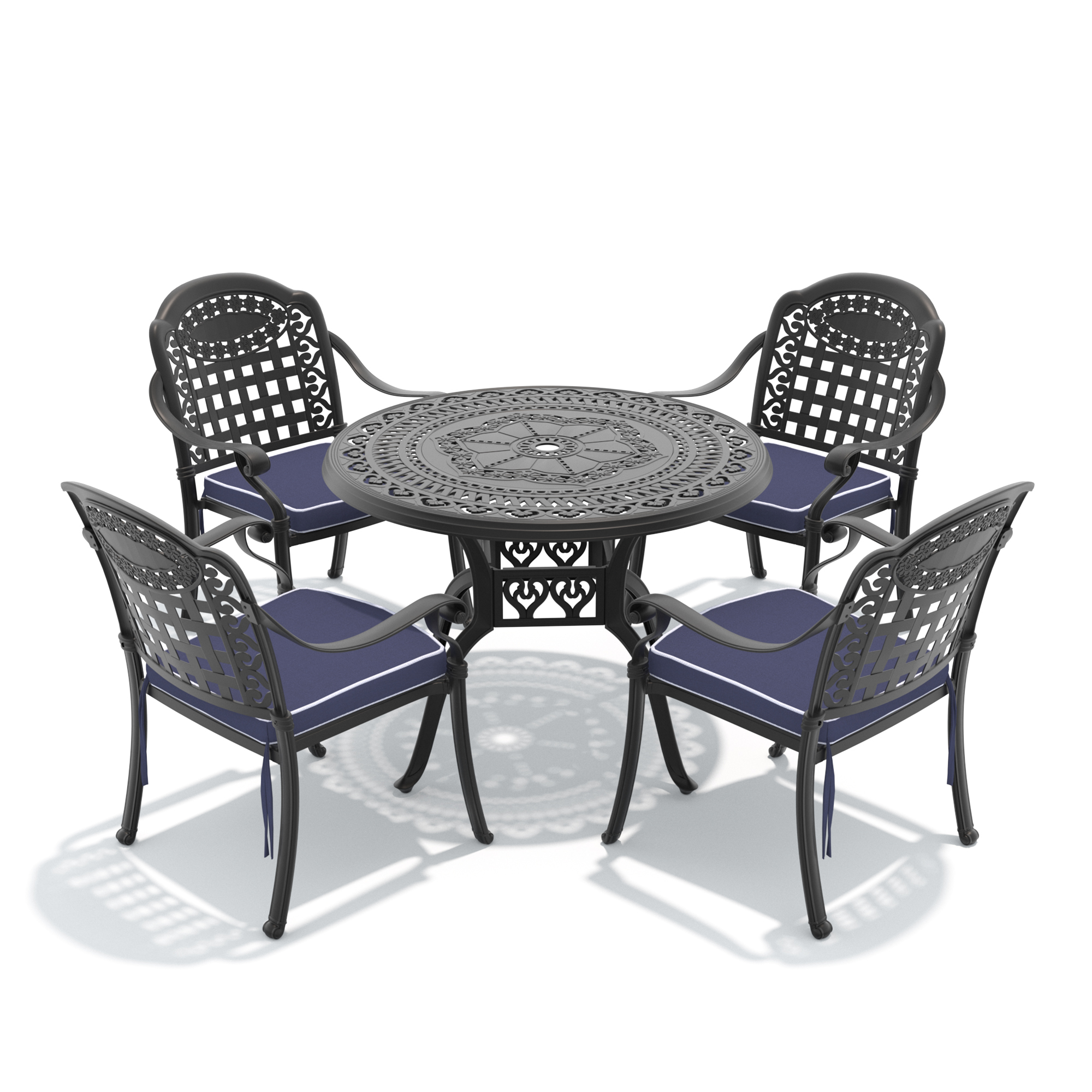 5-Piece Set Of Cast Aluminum Patio Furniture With Black Frame and Blue Seat Cushions - Image 2