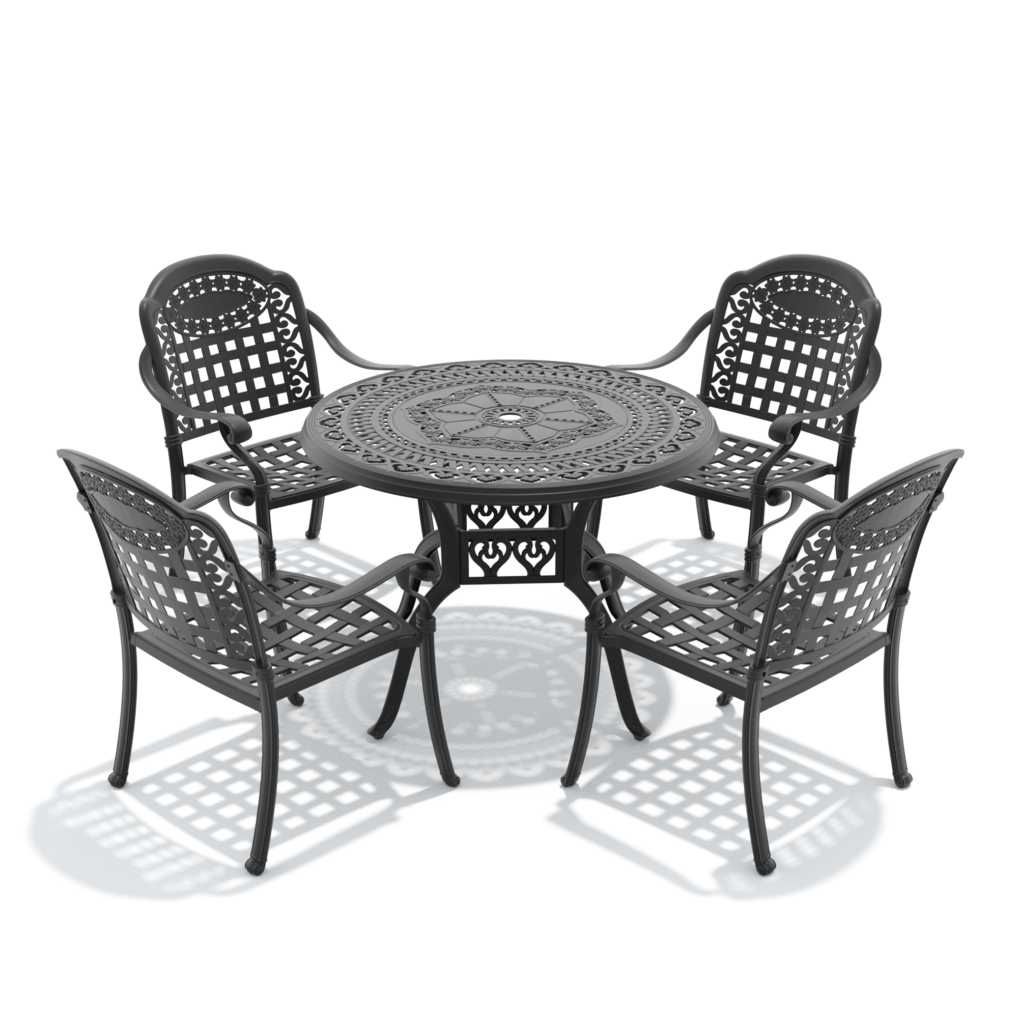5-Piece Set Of Cast Aluminum Patio Furniture With Black Frame and Blue Seat Cushions - Image 3
