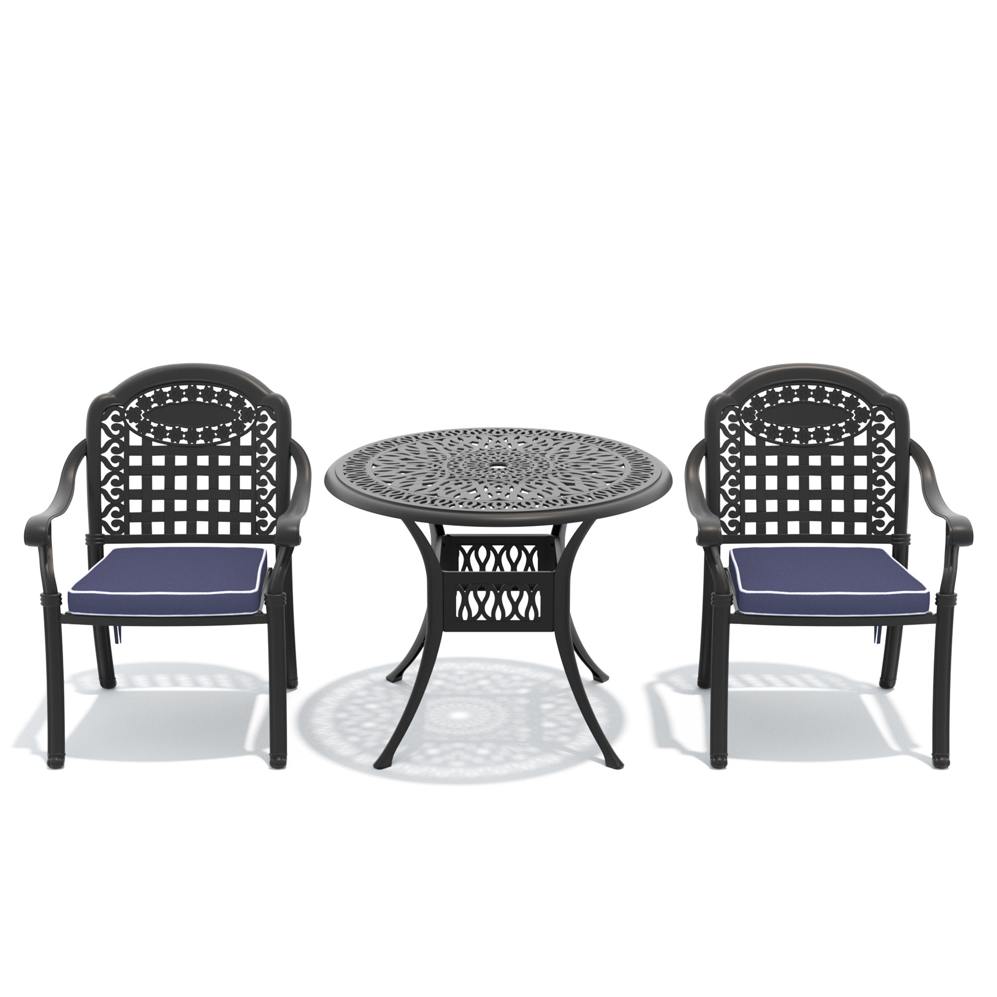 3-Piece Set Of Cast Aluminum Patio Furniture With Blue Cushions - Image 2
