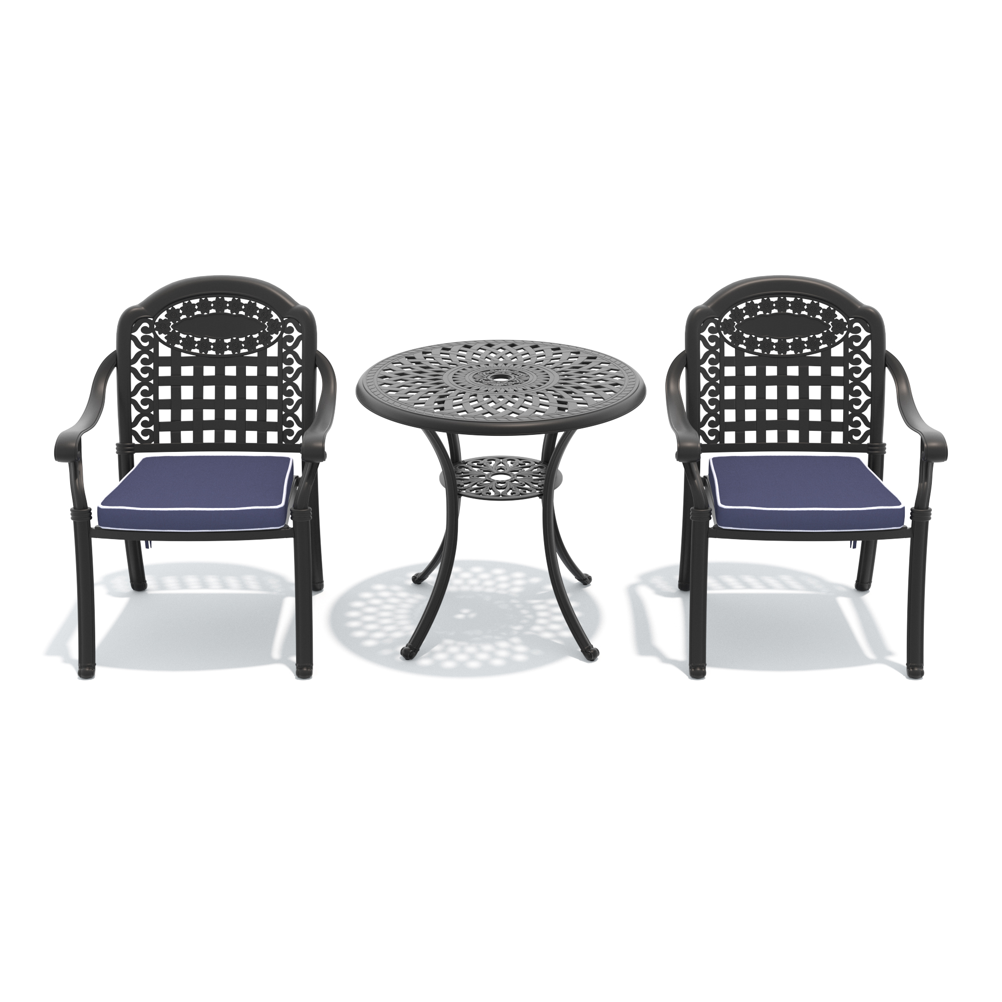 3-Piece Set Of Cast Aluminum Patio Furniture With Blue Cushions - Image 2