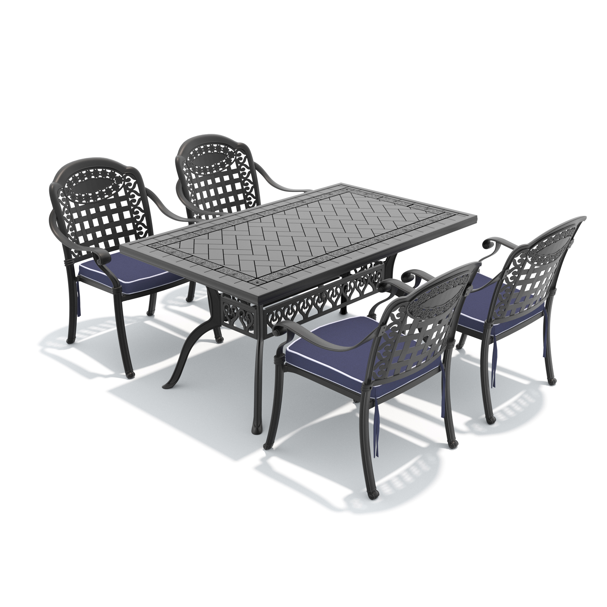 5-Piece Set Of Cast Aluminum Patio Furniture With Black Frame and Blue Seat Cushions - Image 2