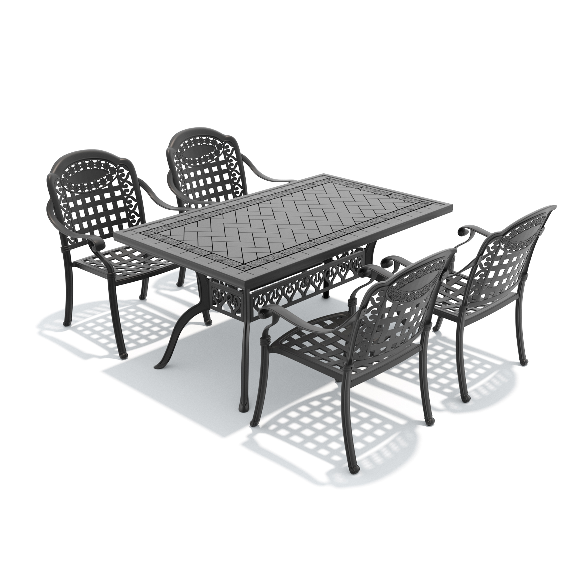 5-Piece Set Of Cast Aluminum Patio Furniture With Black Frame and Blue Seat Cushions - Image 3
