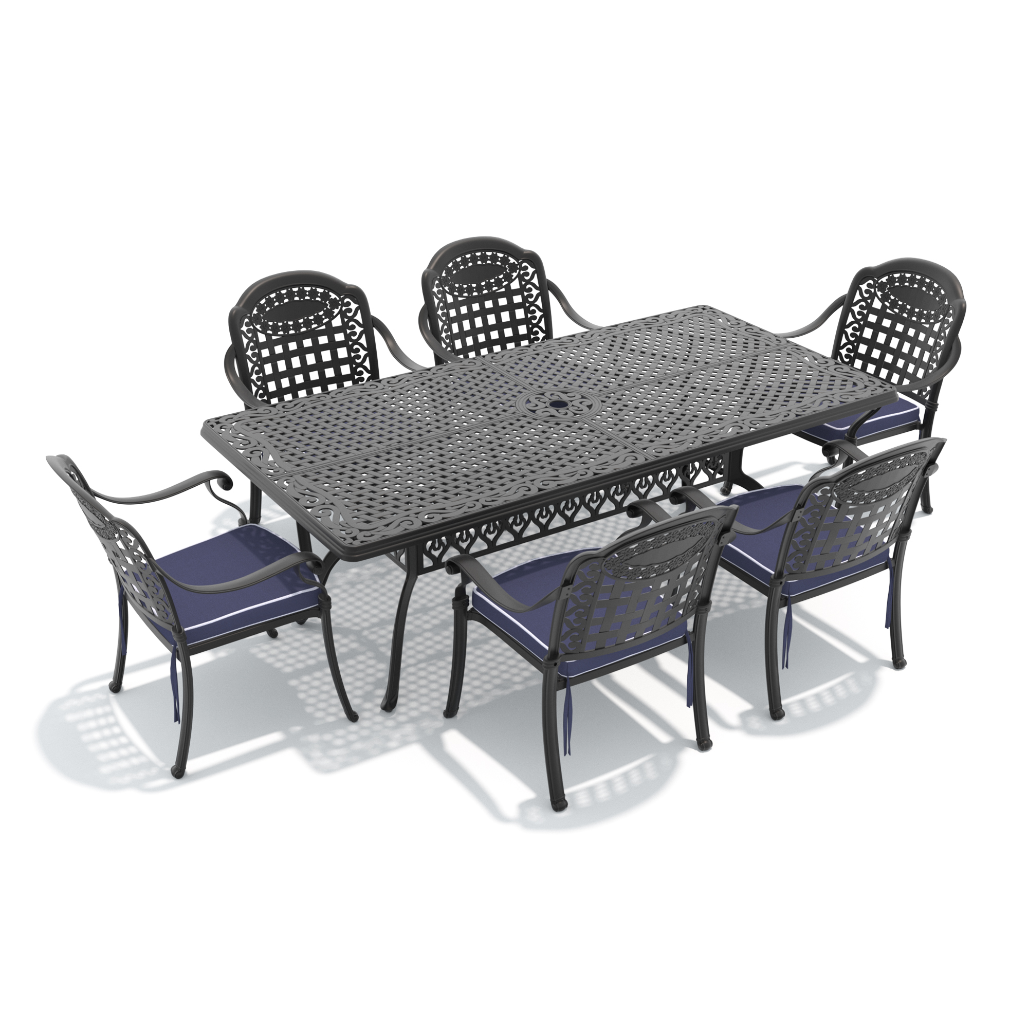 7-Piece Set Of Cast Aluminum Patio Furniture With Black Frame and Blue Seat Cushions - Image 2