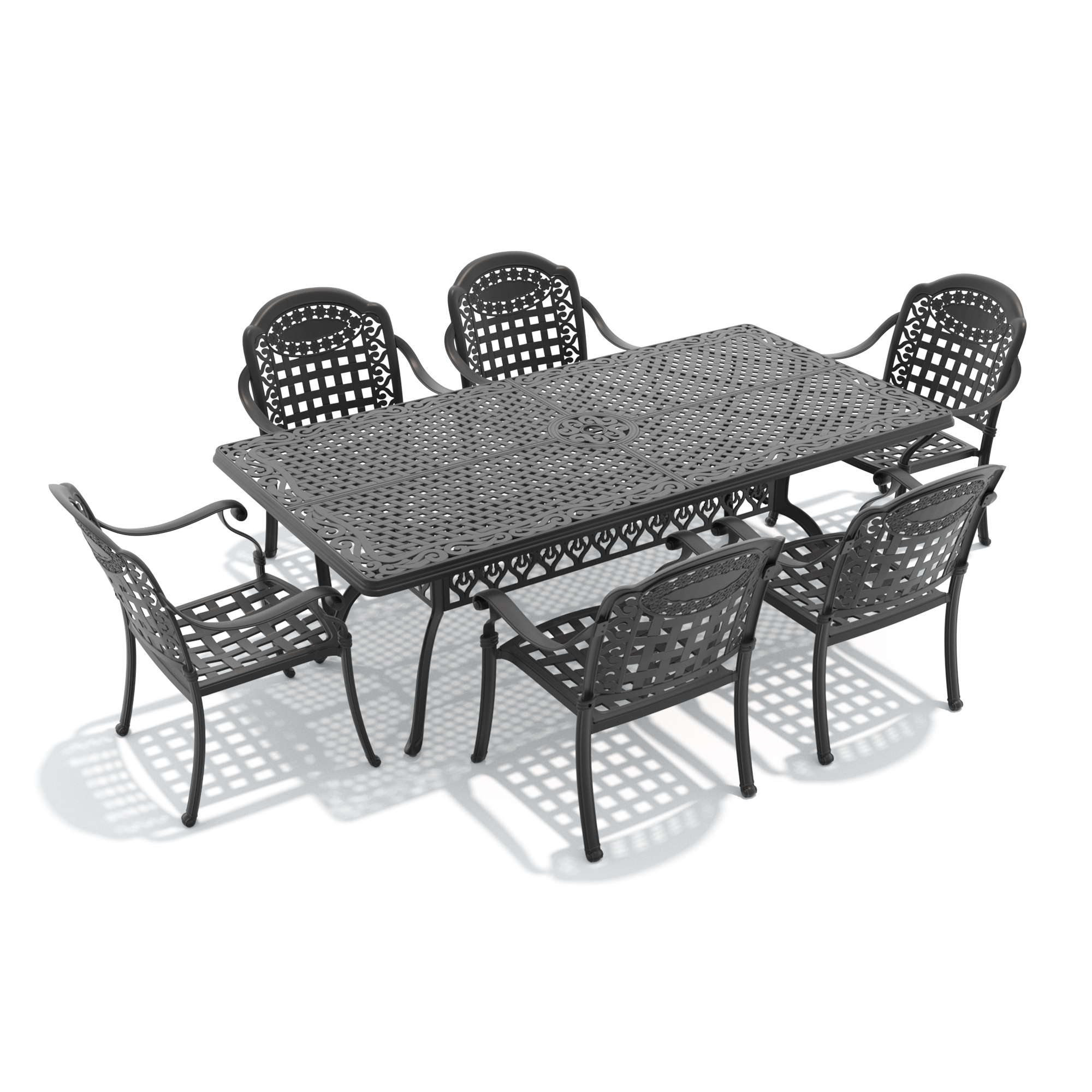 7-Piece Set Of Cast Aluminum Patio Furniture With Black Frame and Blue Seat Cushions - Image 3