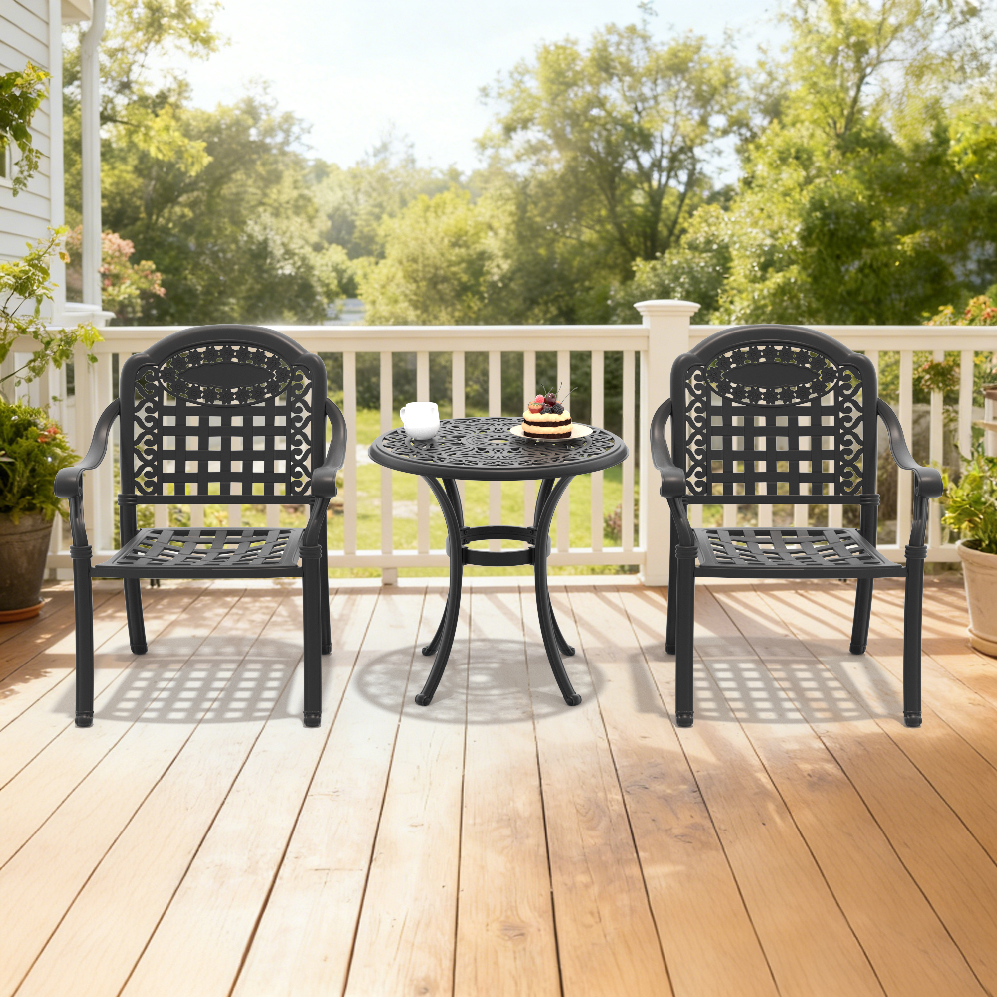 3-Piece Set Of Cast Aluminum Patio Furniture With Black Frame and Blue Seat Cushions - Image 2
