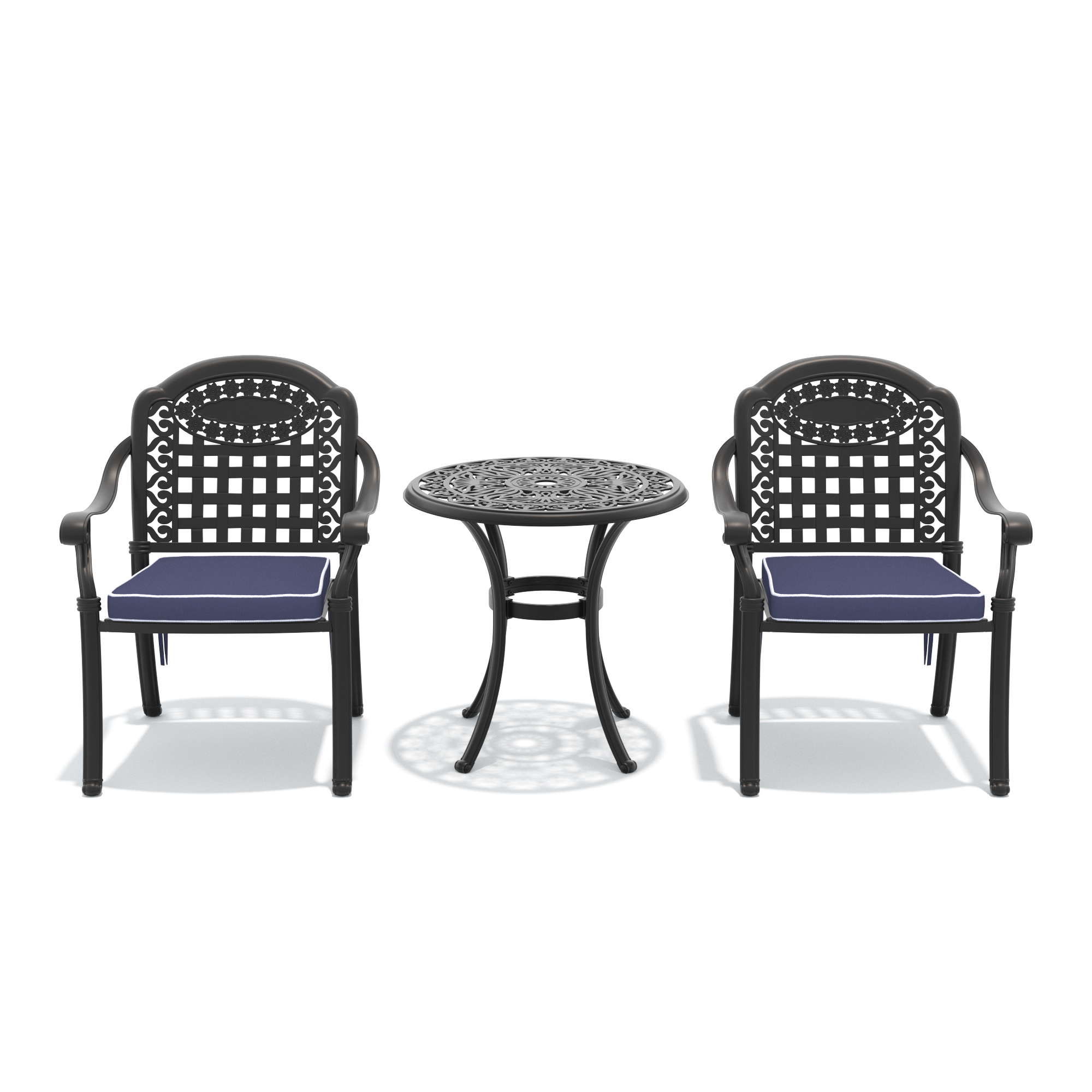 3-Piece Set Of Cast Aluminum Patio Furniture With Black Frame and Blue Seat Cushions - Image 3