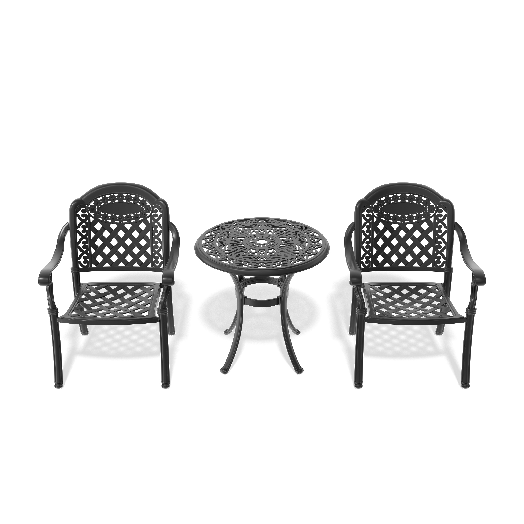 3-Piece Set Of Cast Aluminum Patio Furniture With Black Frame and Blue Seat Cushions - Image 4