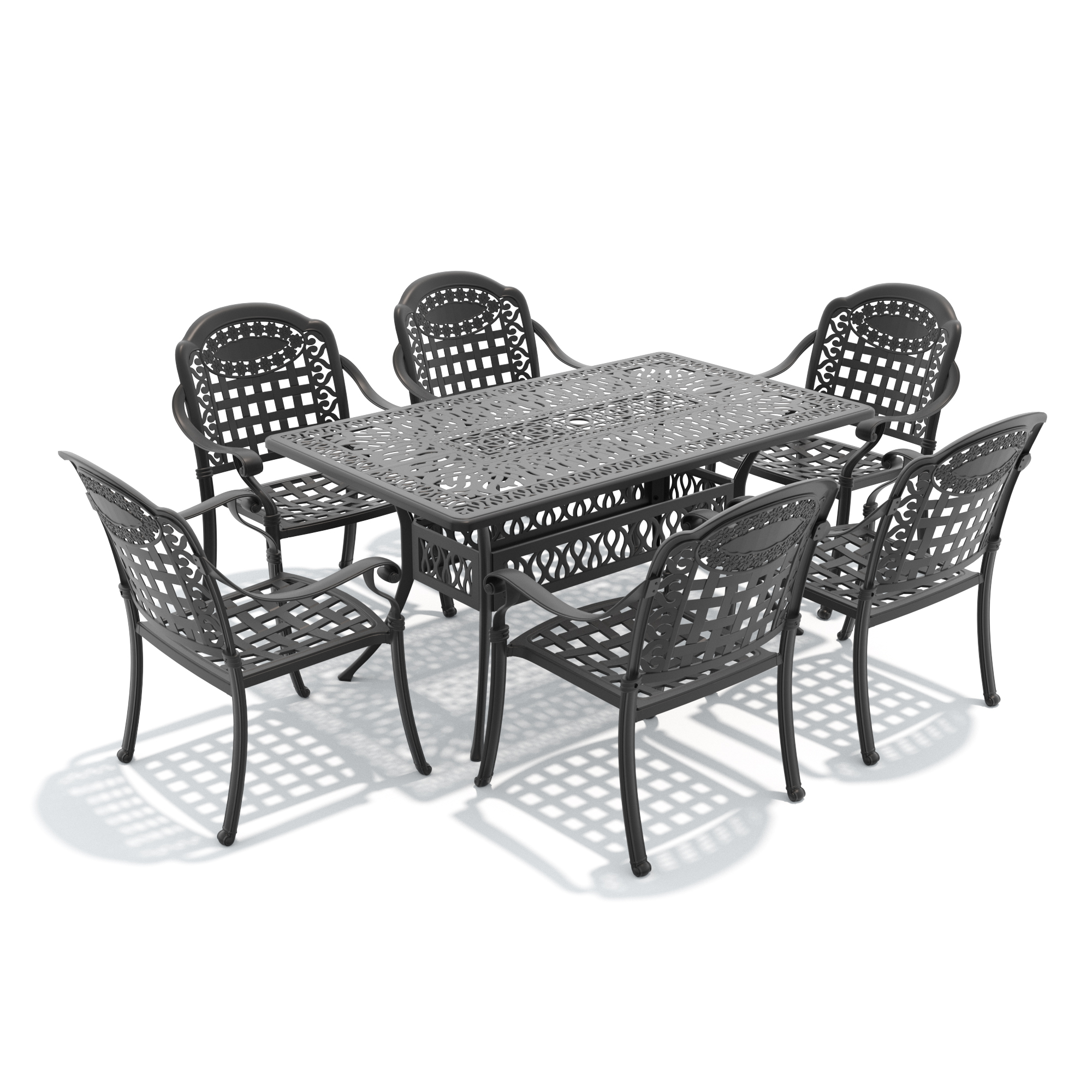 7-Piece Set Of Cast Aluminum Patio Furniture With Black Frame and Blue Seat Cushions - Image 3