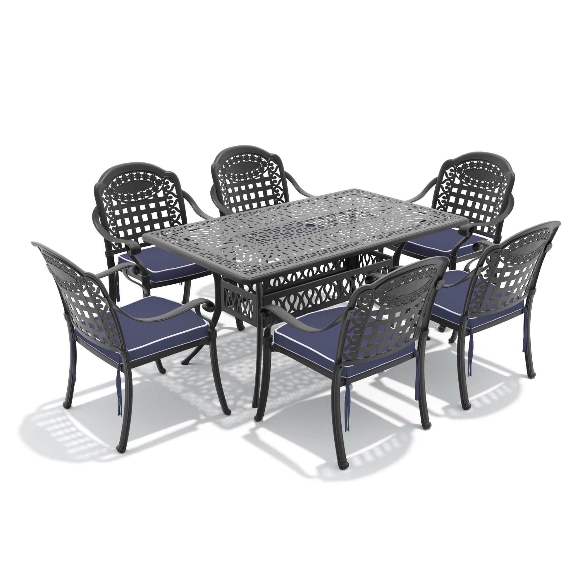 7-Piece Set Of Cast Aluminum Patio Furniture With Black Frame and Blue Seat Cushions - Image 2