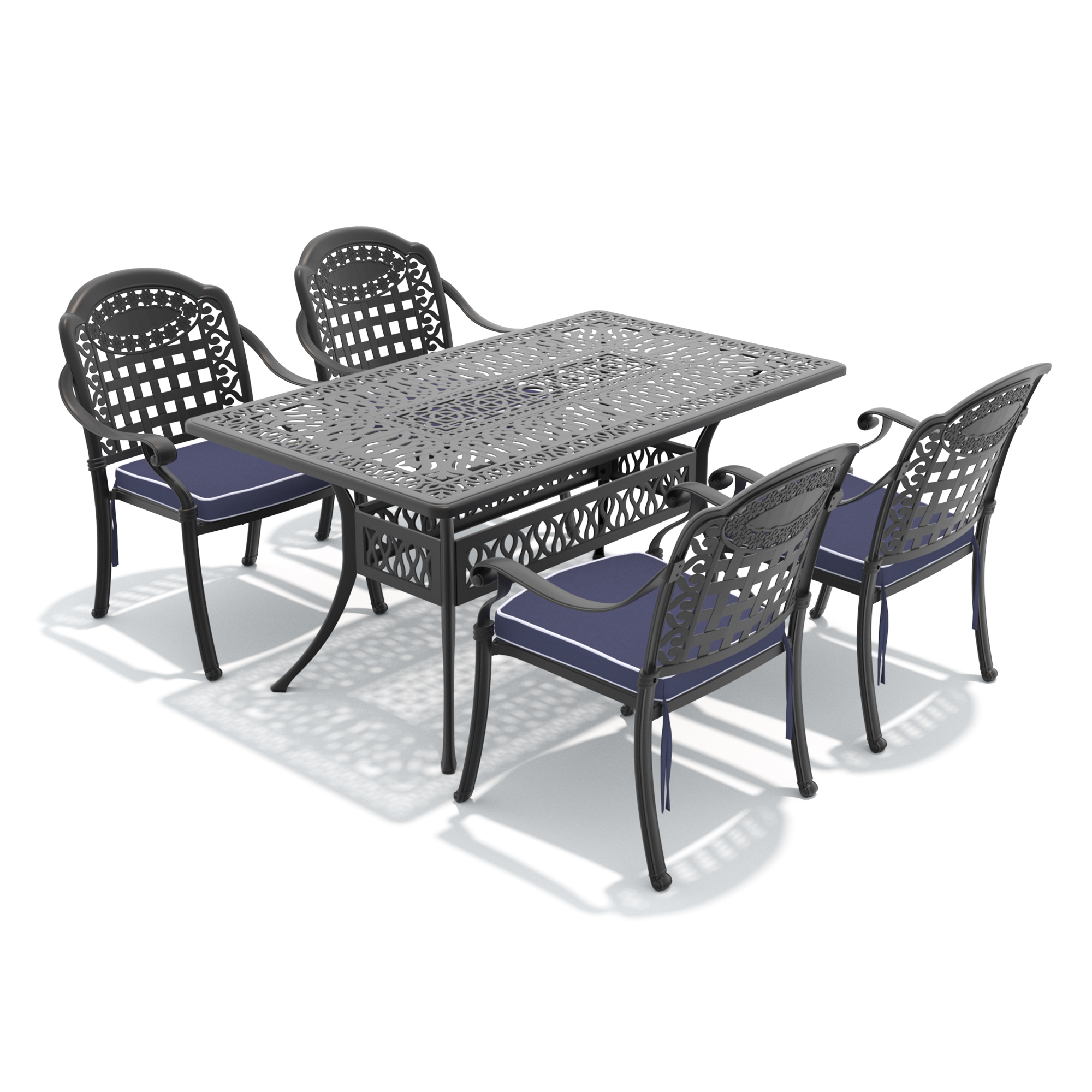 5-Piece Set Of Cast Aluminum Patio Furniture With Black Frame and Blue Seat Cushions - Image 2